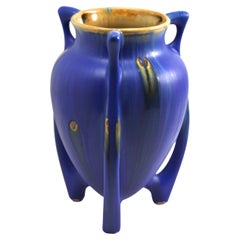 Art Nouveau Vase with 3 Handles with Controlled Drip Glazes in Blue and Brown