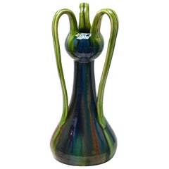 Art Nouveau Vase with 3 Handles with Controlled Drip Glazes in Blue and Green