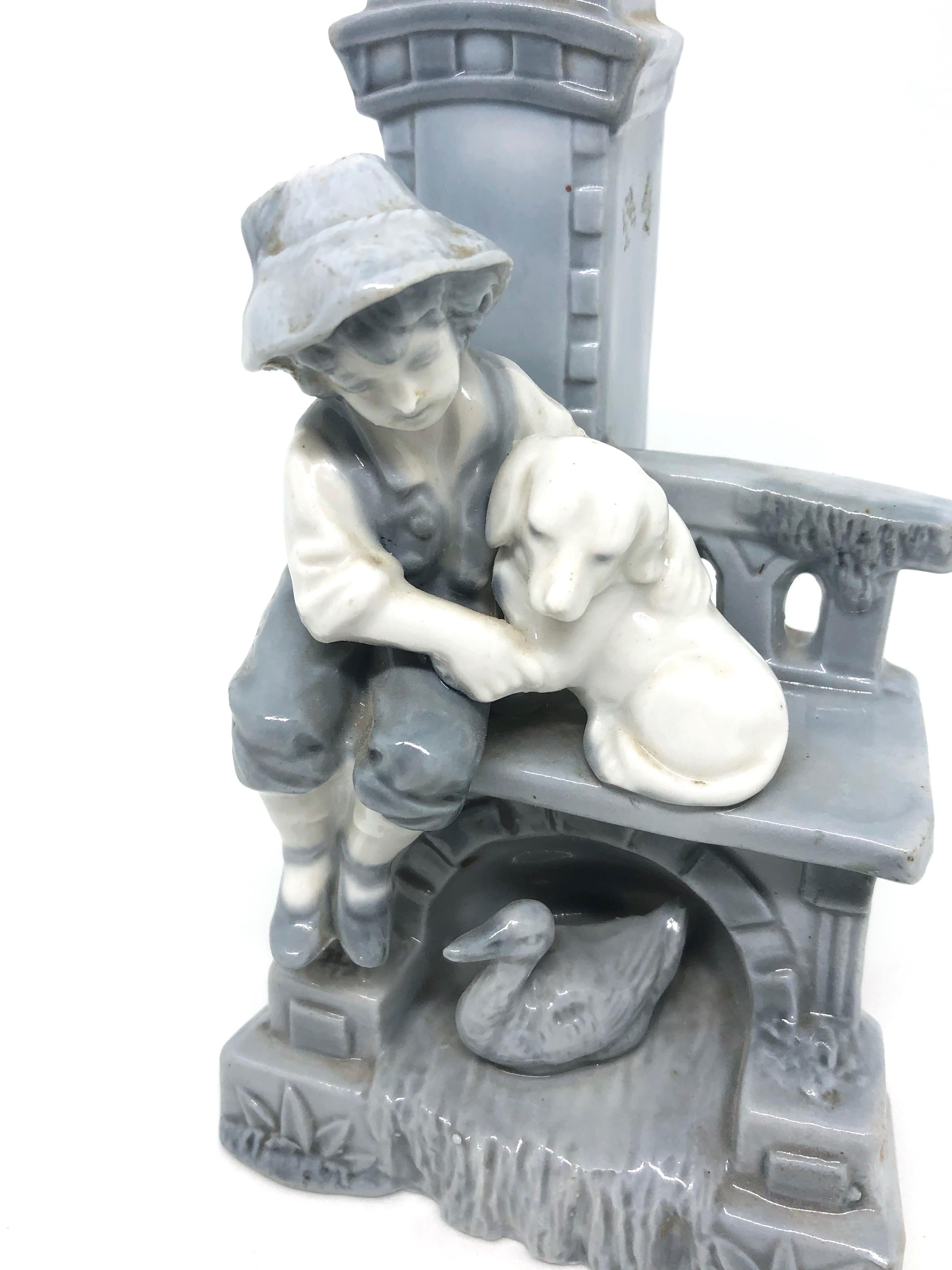 Art Nouveau Vase with Boy on Bench with Dog and Duck, circa 1900 (Handgefertigt)