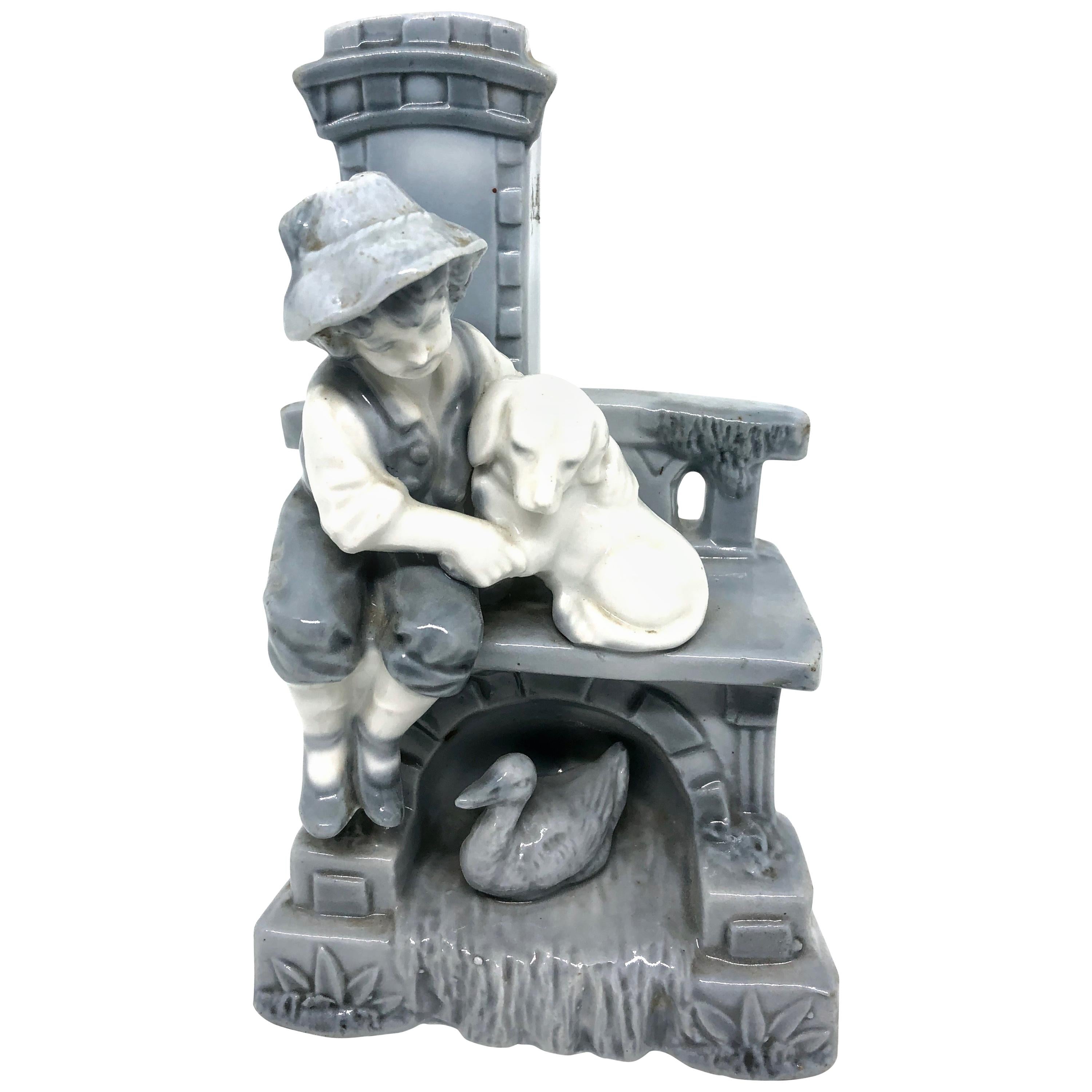 Art Nouveau Vase with Boy on Bench with Dog and Duck, circa 1900