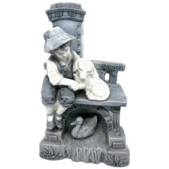 Antique Art Nouveau Vase with Boy on Bench with Dog and Duck, circa 1900