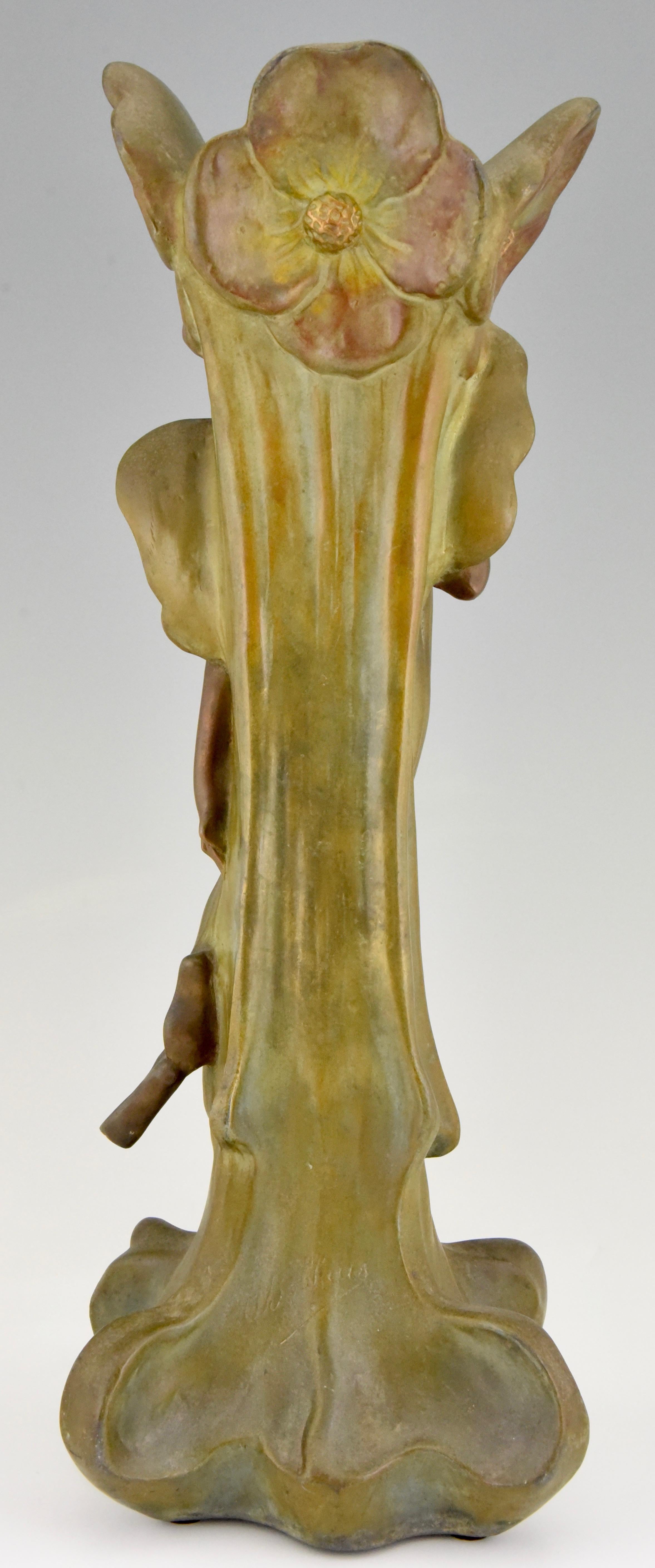 Patinated Art Nouveau Vase with Butterfly Lady and Flowers Bobbias, France, 1900