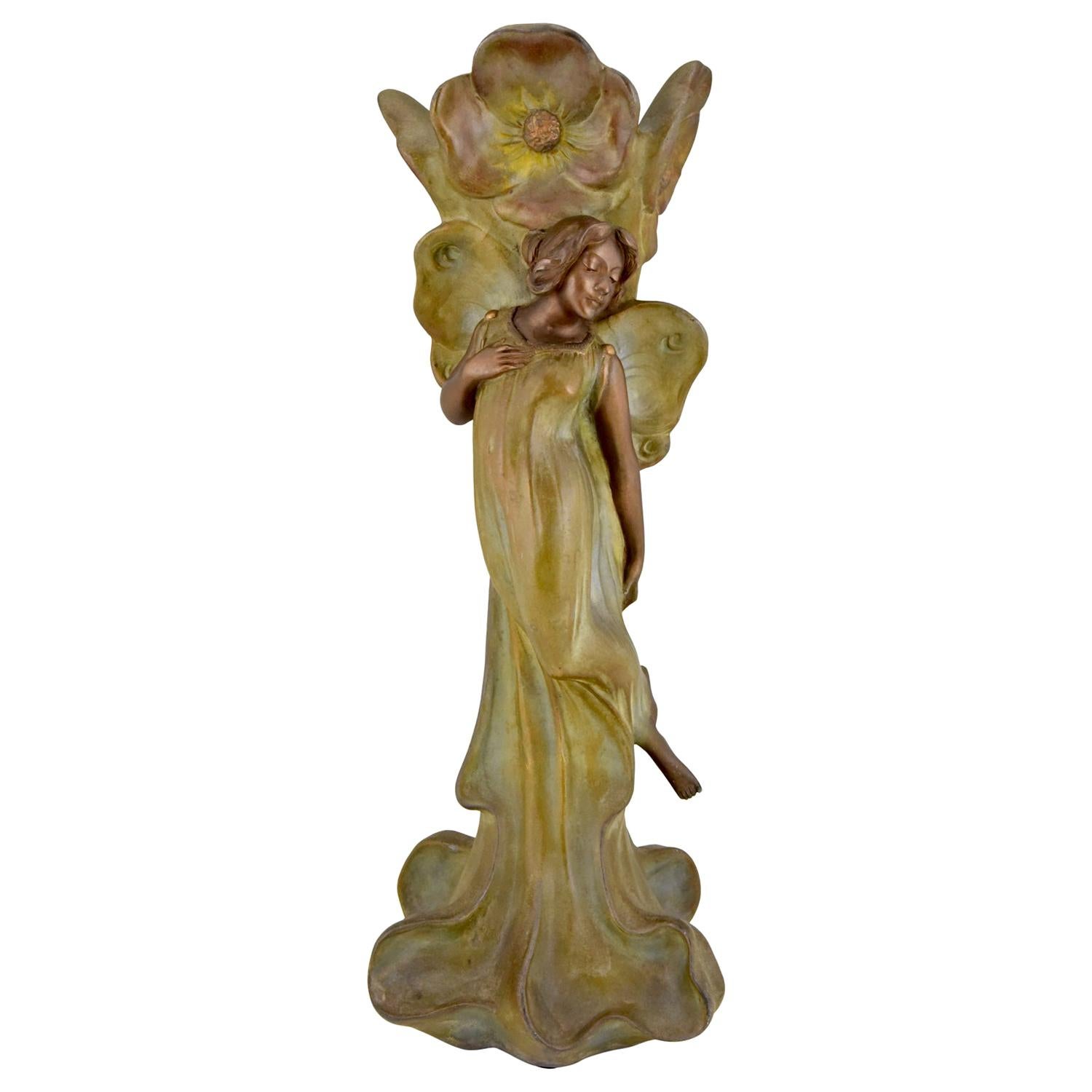 Art Nouveau Vase with Butterfly Lady and Flowers Bobbias, France, 1900