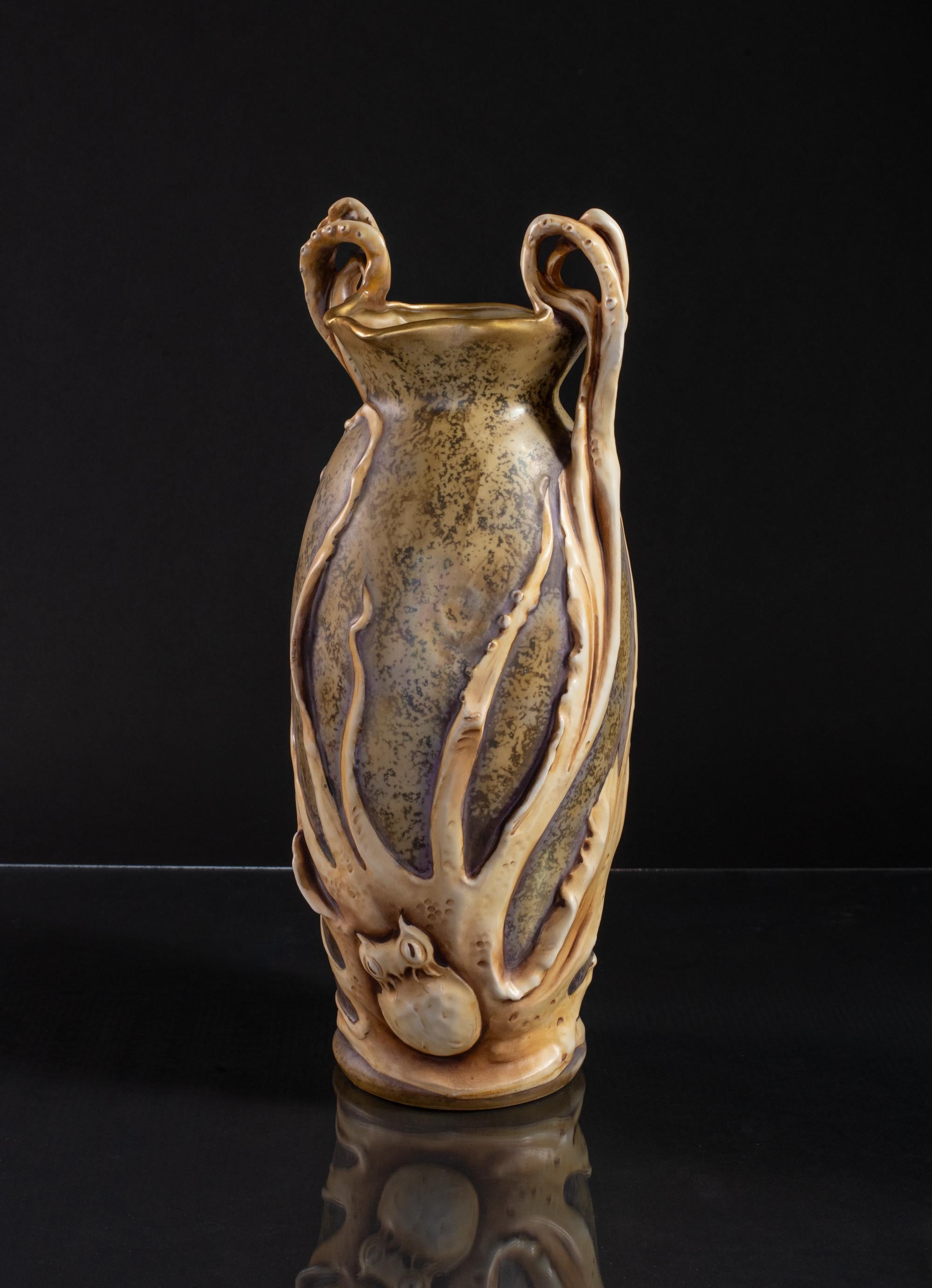 Austrian Art Nouveau Vase with Cuttlefish & Hermit Crab by RStK Amphora For Sale