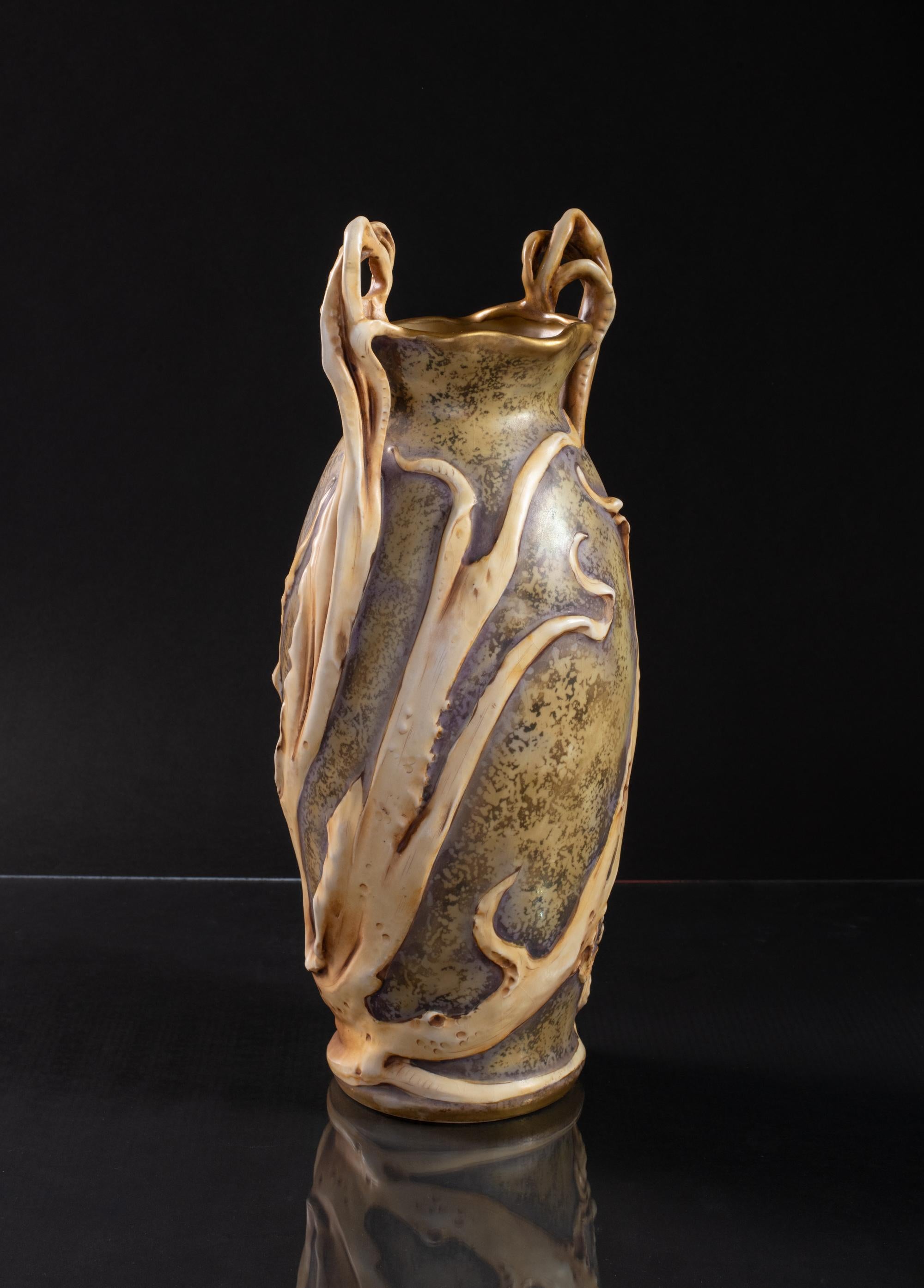 Art Nouveau Vase with Cuttlefish & Hermit Crab by RStK Amphora In Excellent Condition For Sale In Chicago, US