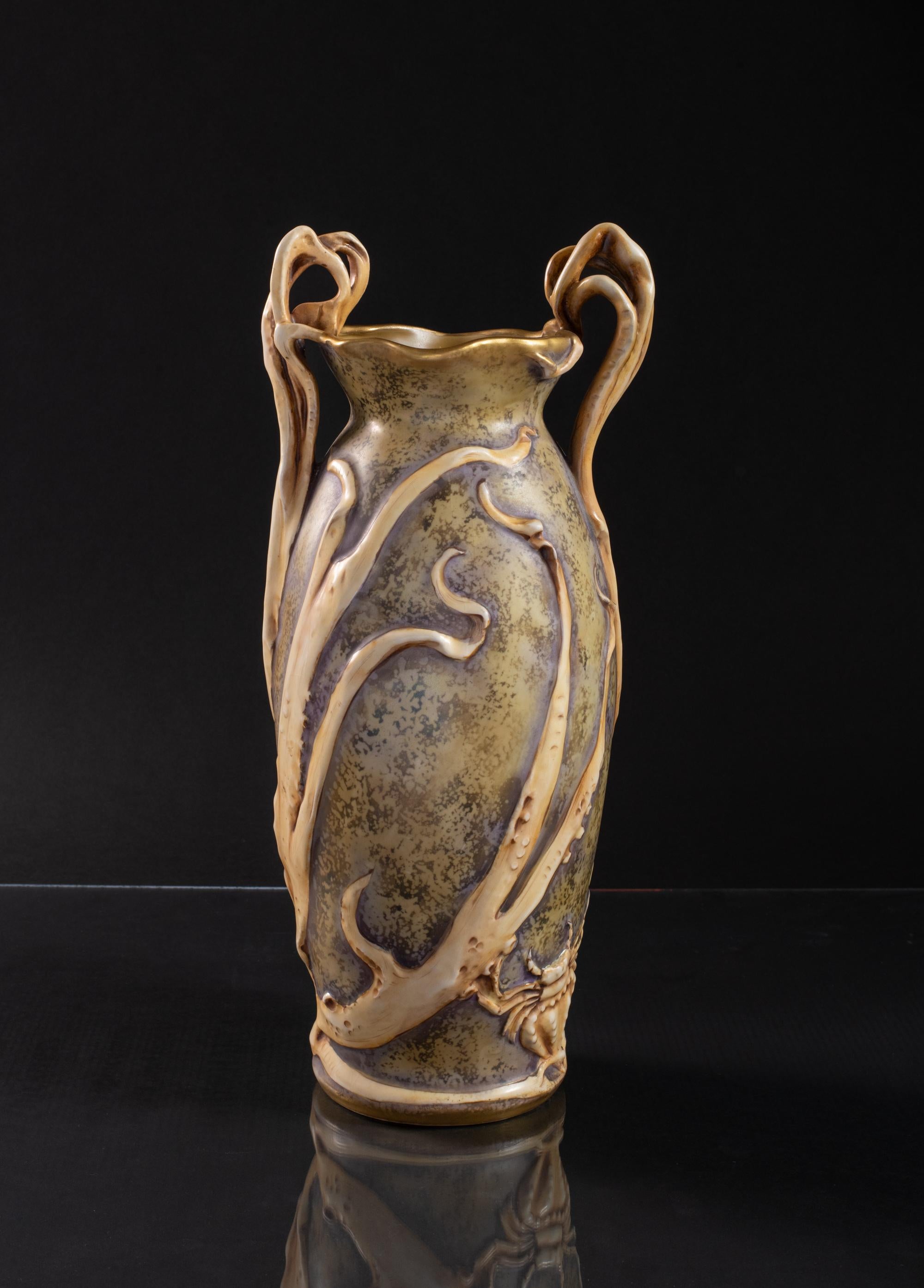 Late 19th Century Art Nouveau Vase with Cuttlefish & Hermit Crab by RStK Amphora For Sale