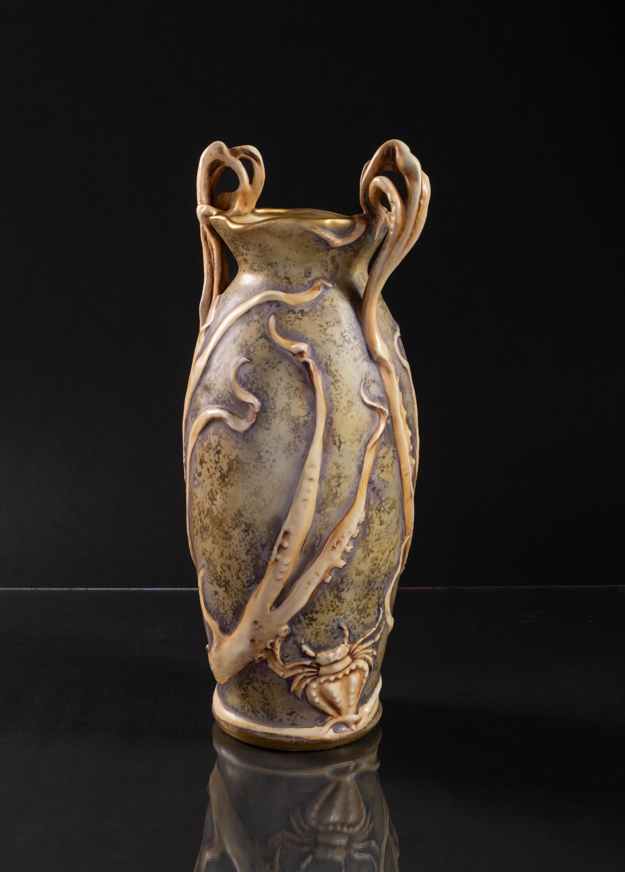 Porcelain Art Nouveau Vase with Cuttlefish & Hermit Crab by RStK Amphora For Sale