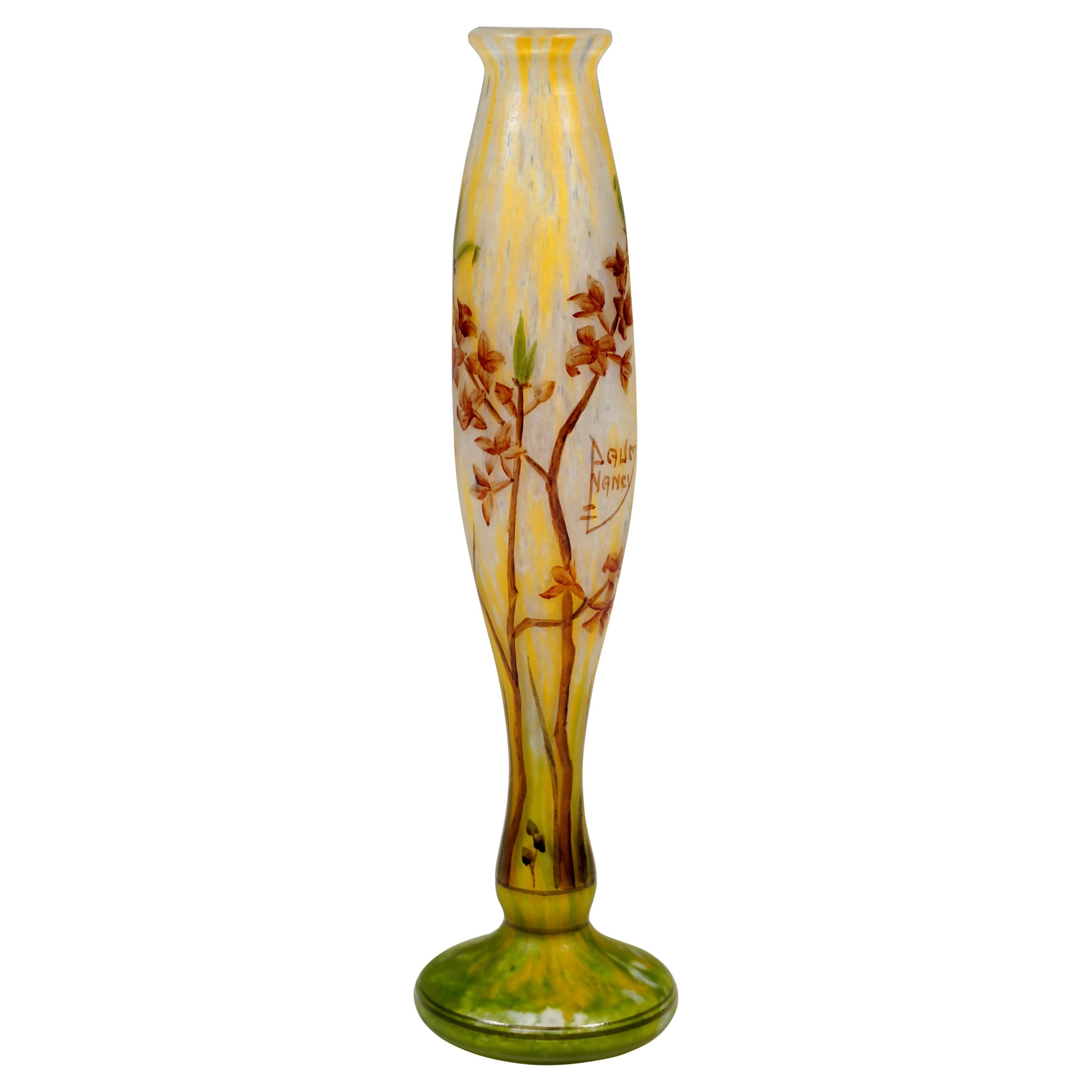 Art Nouveau Vase with Delicate Flower Branches Decor, Daum Nancy, France, c 1900