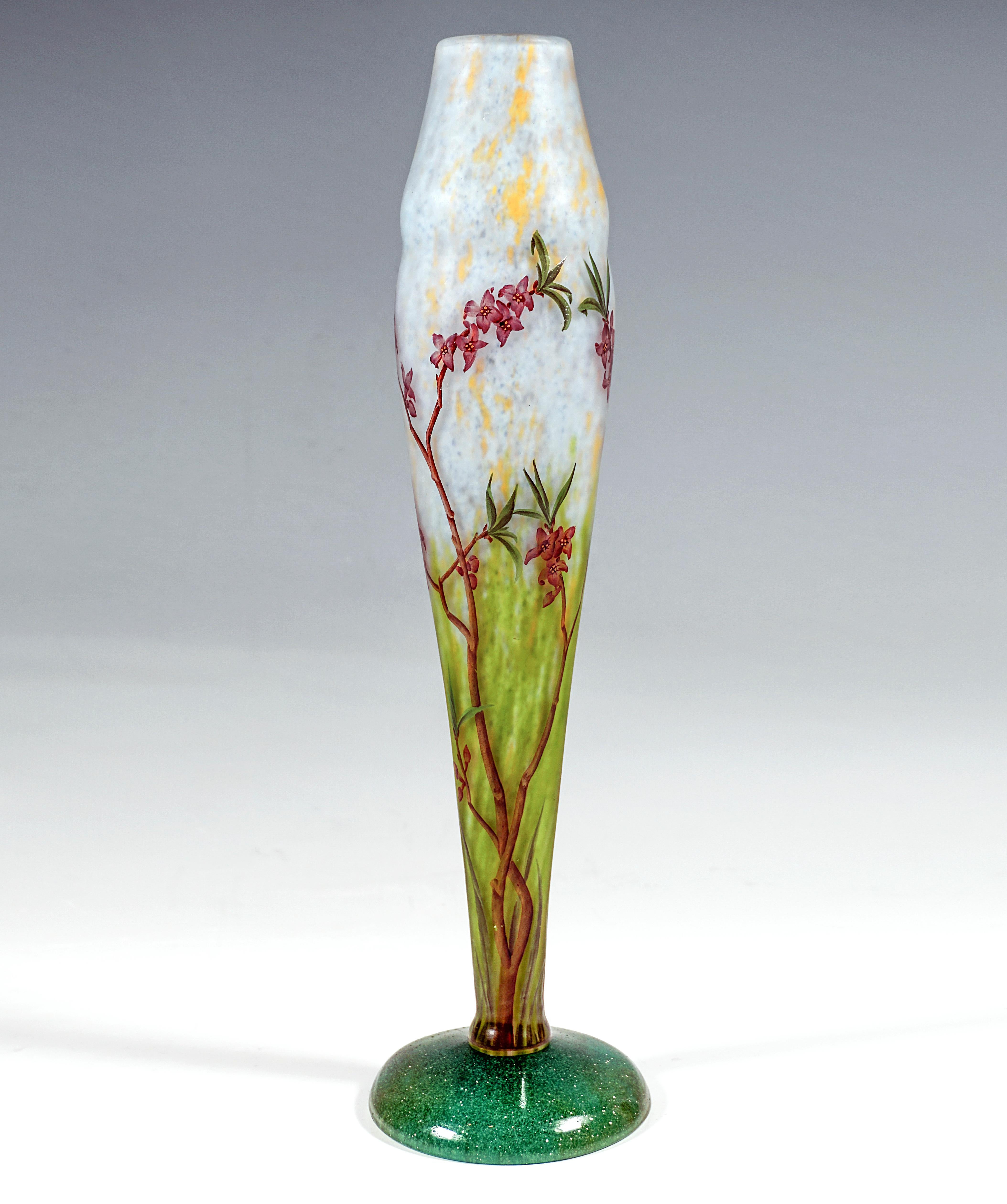 French Art Nouveau Vase with Delicate Flower Branches Decor, Daum Nancy, France, c 1910 For Sale