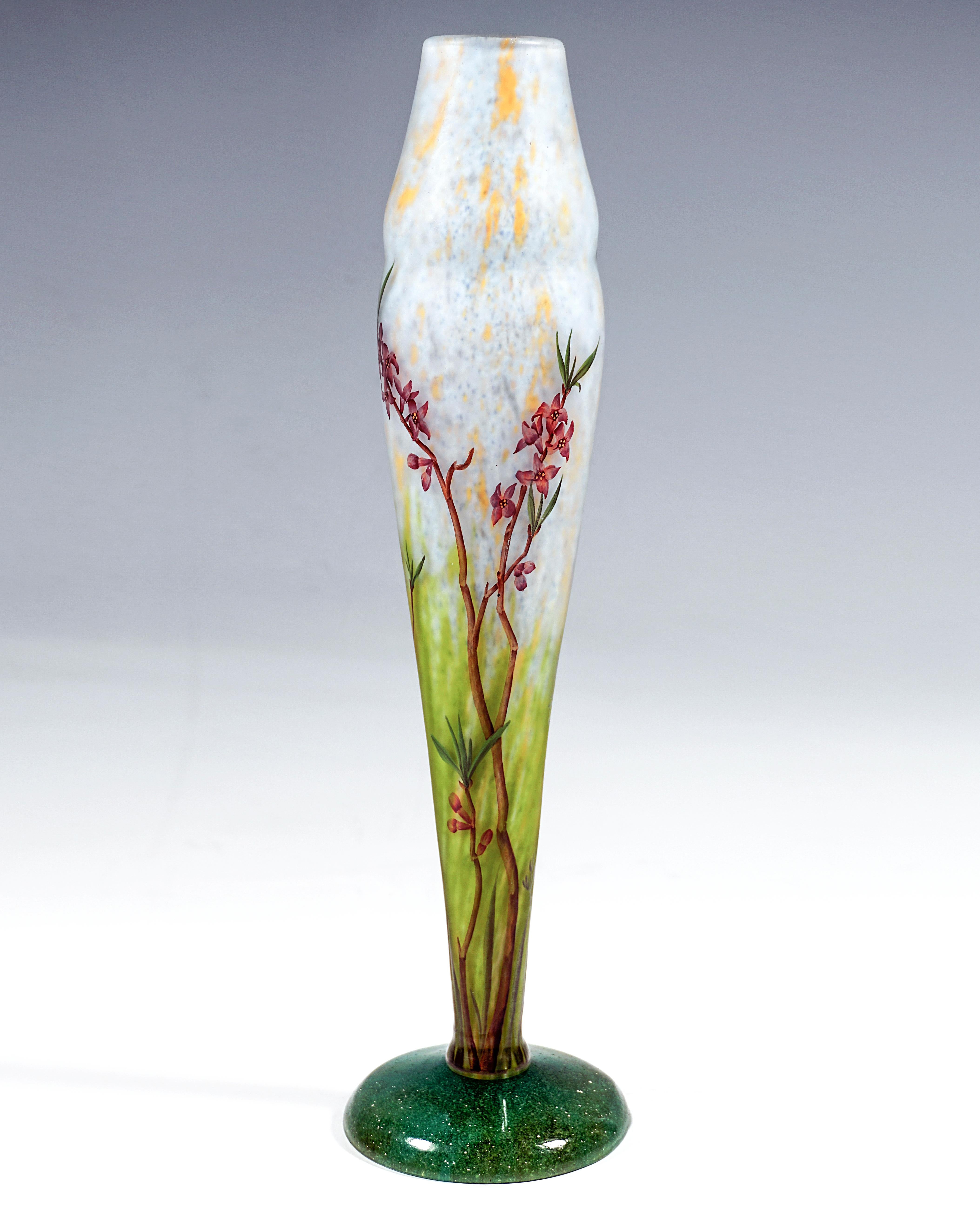 Etched Art Nouveau Vase with Delicate Flower Branches Decor, Daum Nancy, France, c 1910 For Sale