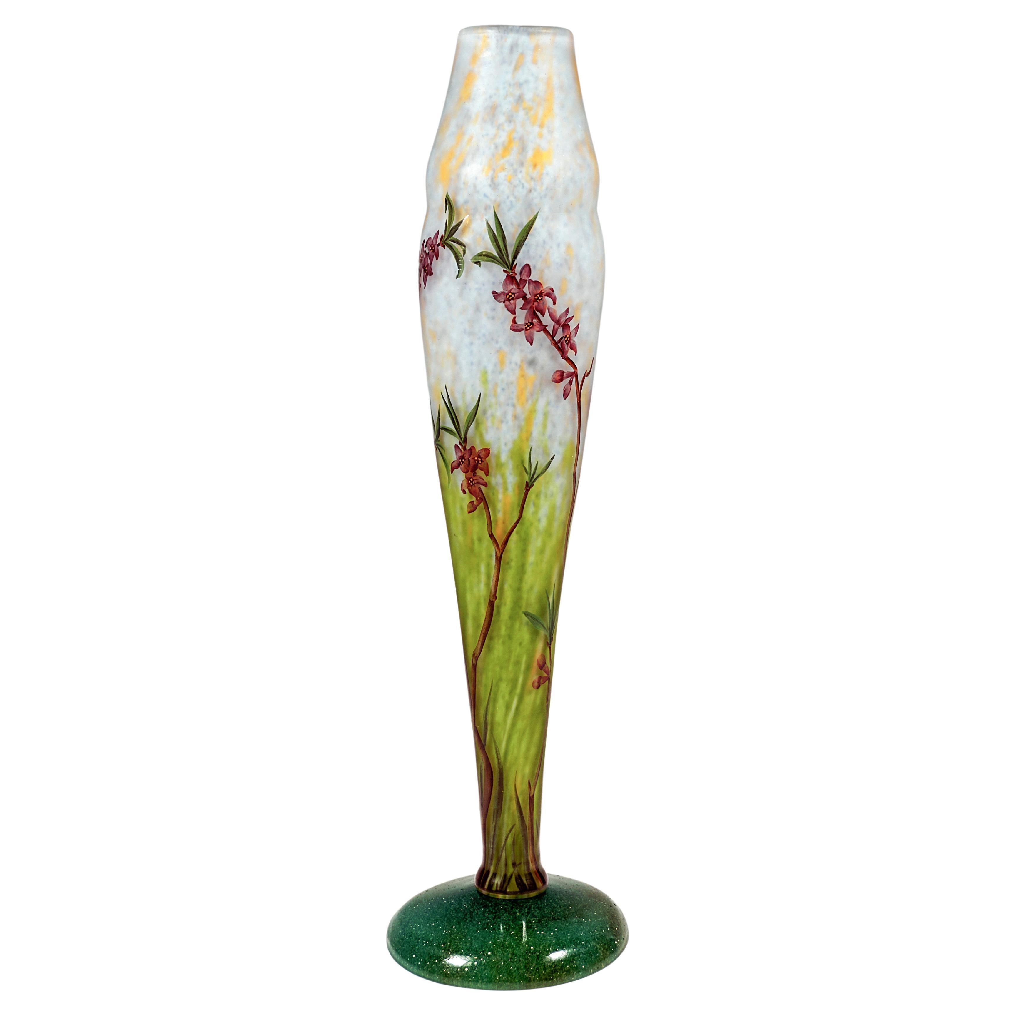Art Nouveau Vase with Delicate Flower Branches Decor, Daum Nancy, France, c 1910 For Sale