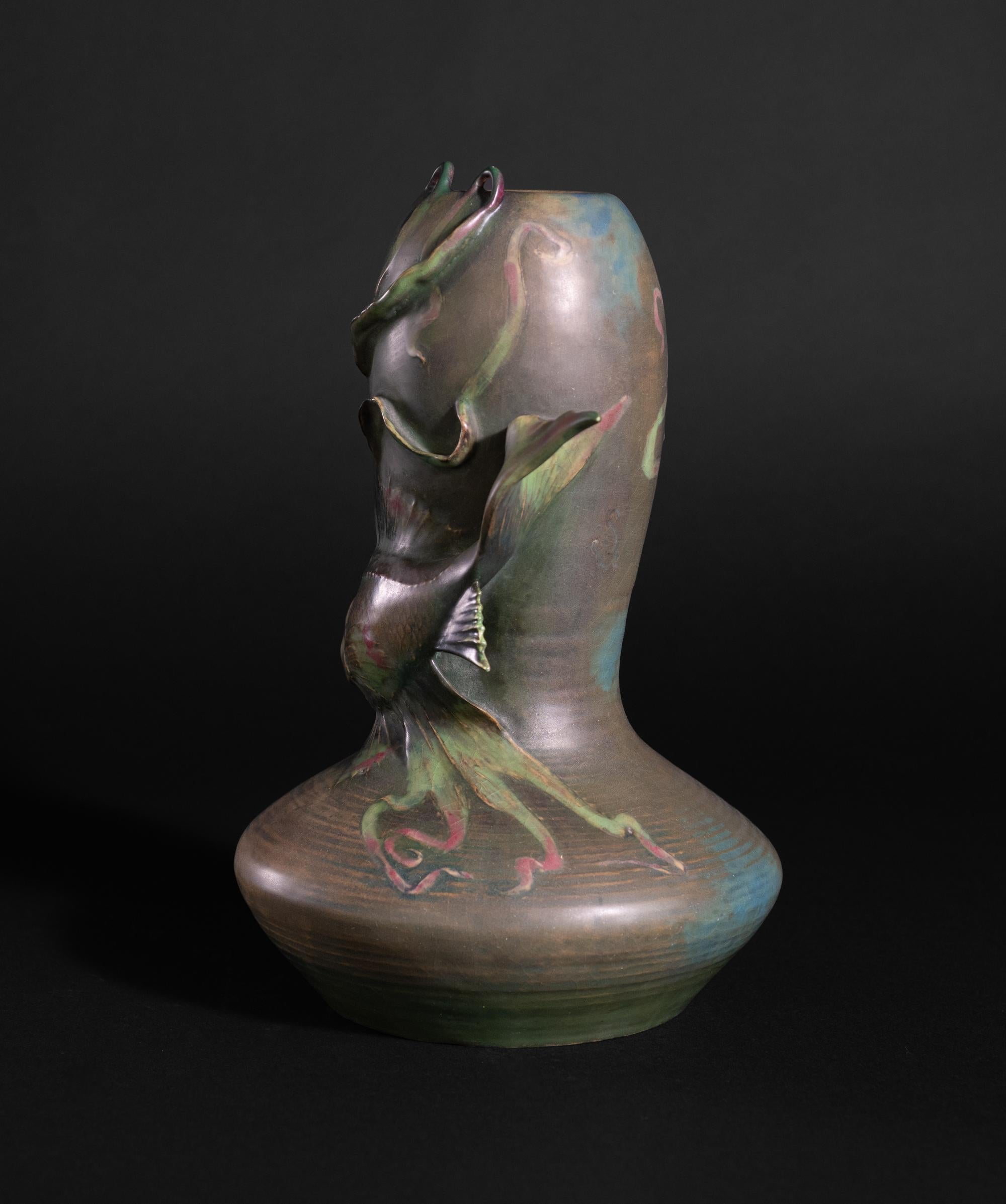 Austrian Art Nouveau Vase with Exotic Fish by Eduard Stellmacher for RStK Amphora For Sale