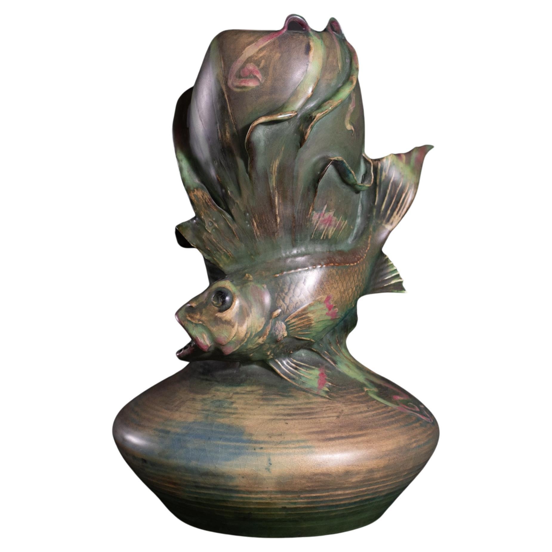 Art Nouveau Vase with Exotic Fish by Eduard Stellmacher for RStK Amphora For Sale