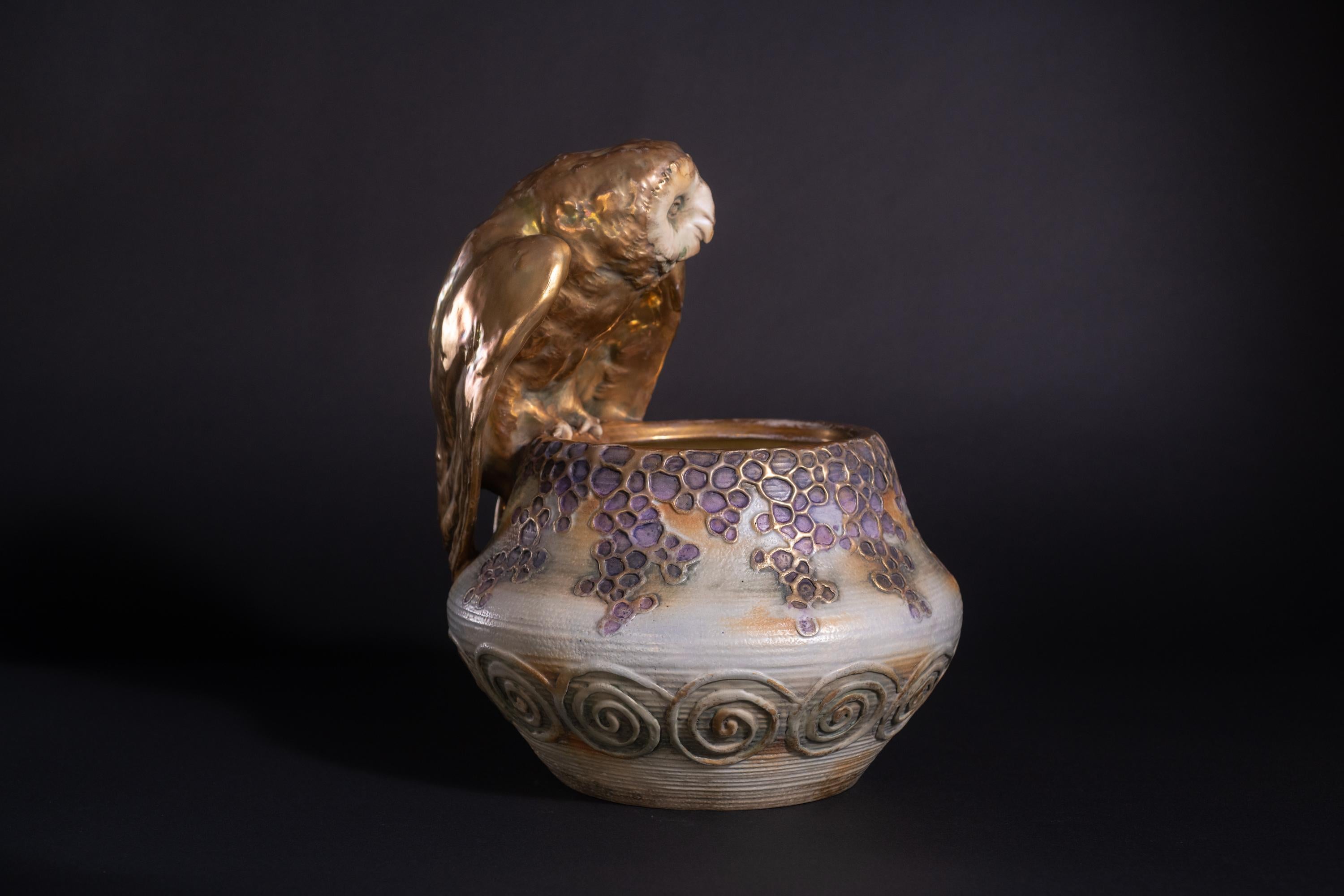 Art Nouveau Vase with Owl by Eduard Stellmacher for RStK Amphora In Excellent Condition For Sale In Chicago, US