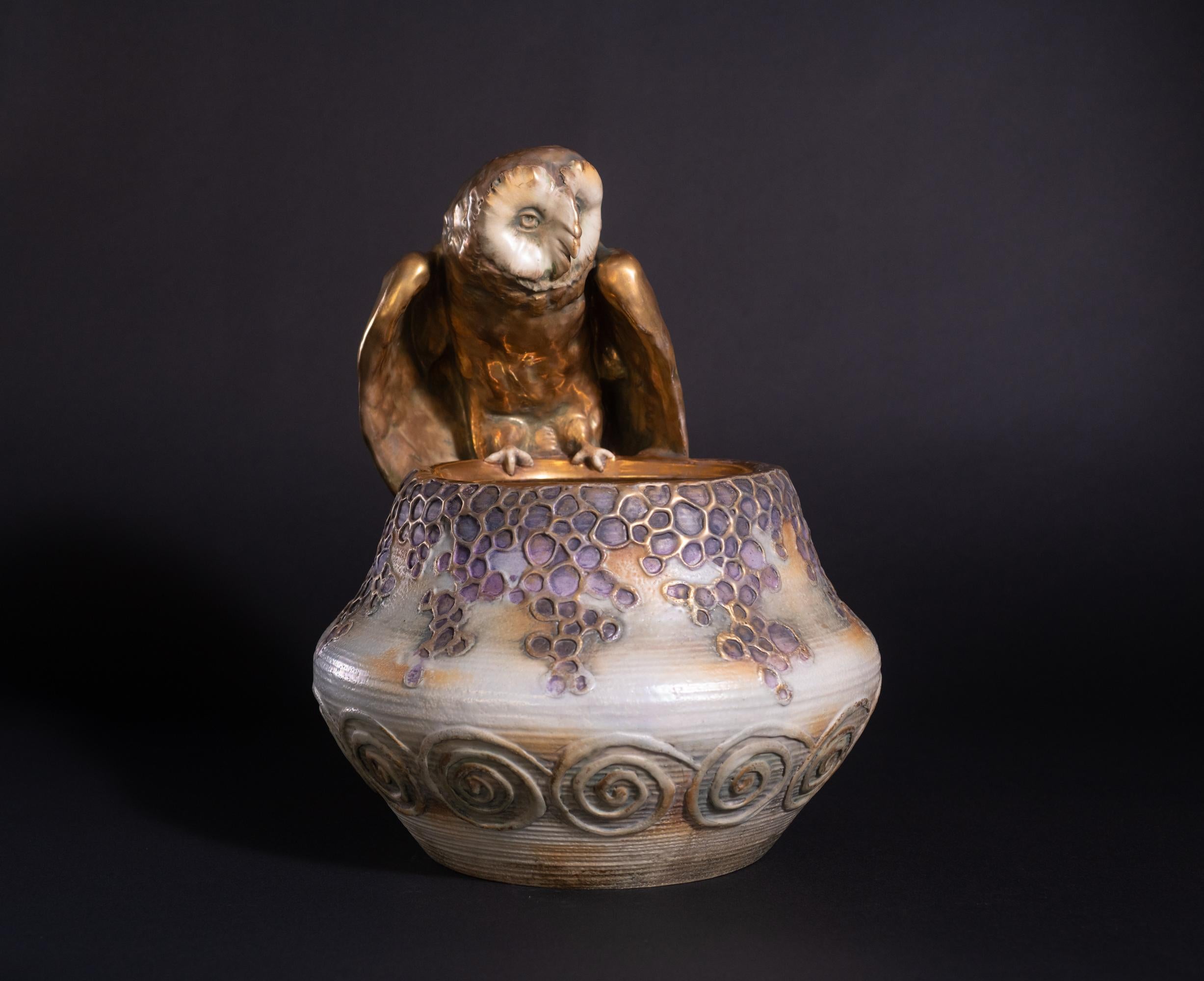 Late 19th Century Art Nouveau Vase with Owl by Eduard Stellmacher for RStK Amphora For Sale