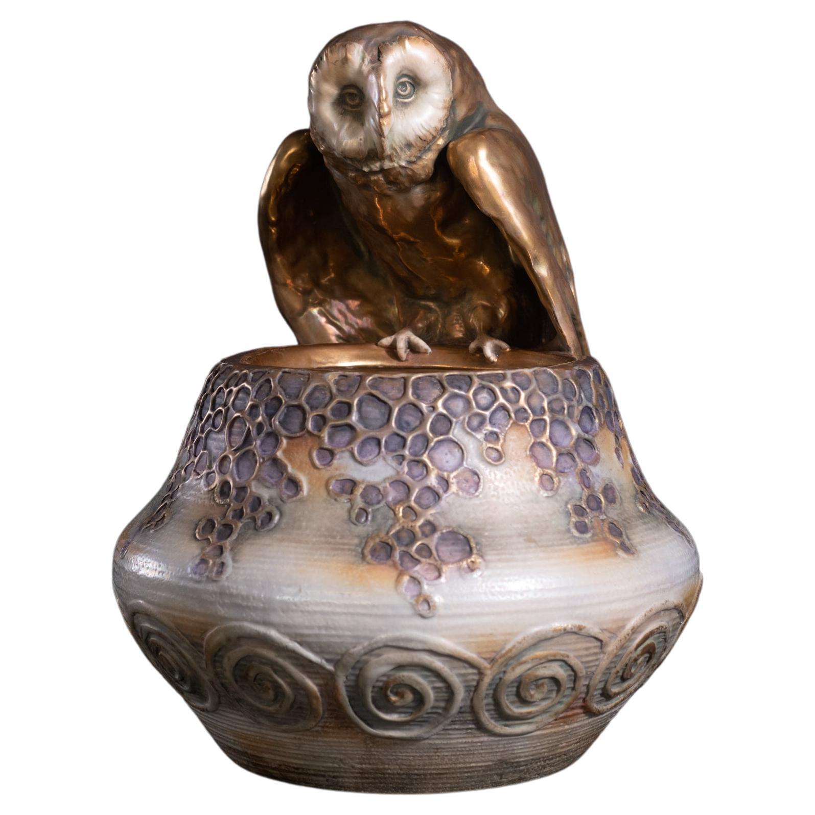 Art Nouveau Vase with Owl by Eduard Stellmacher for RStK Amphora For Sale