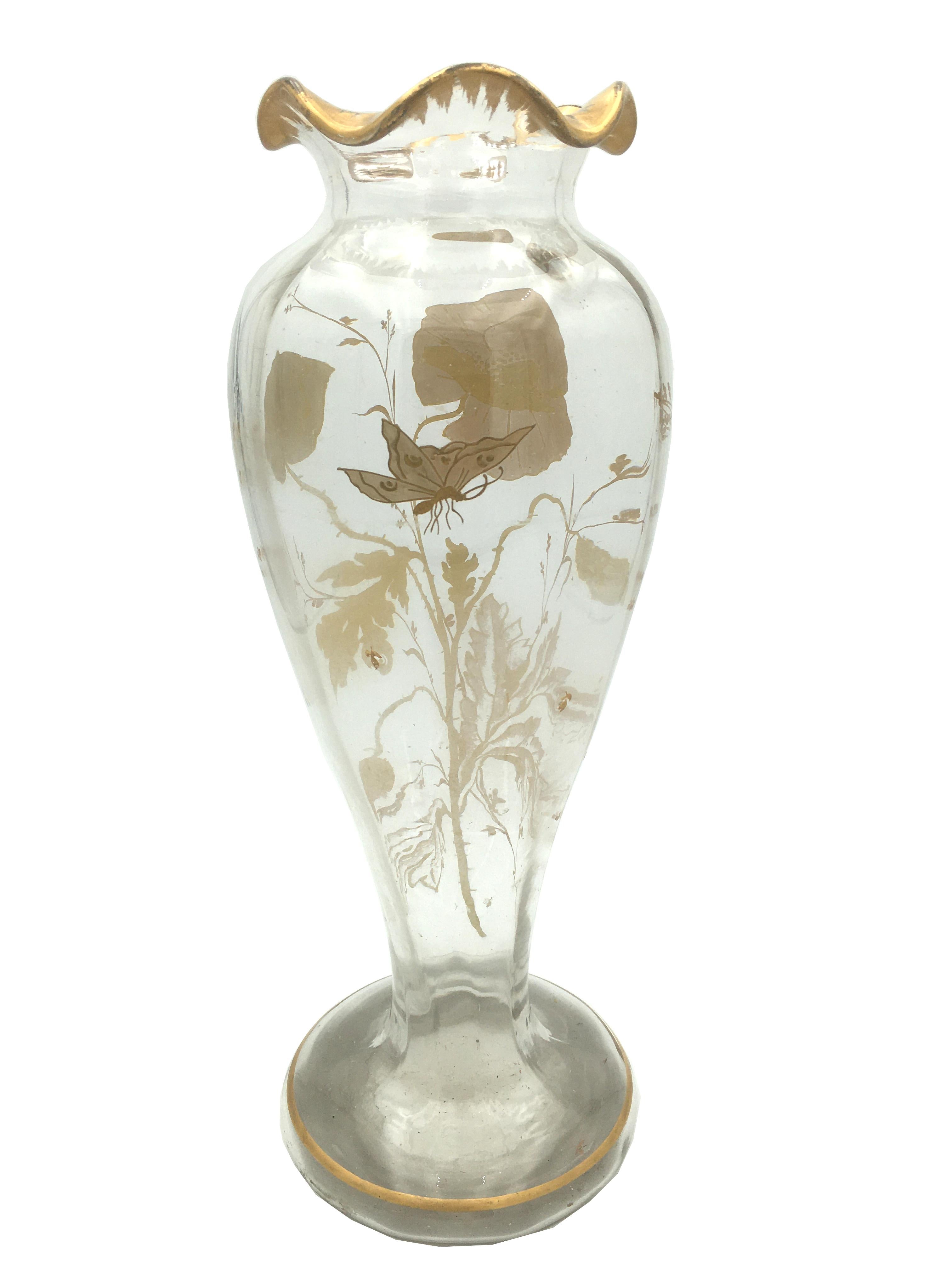 French Art Nouveau Vase with Painted Guilt Decoration of Poppies and Butterfly