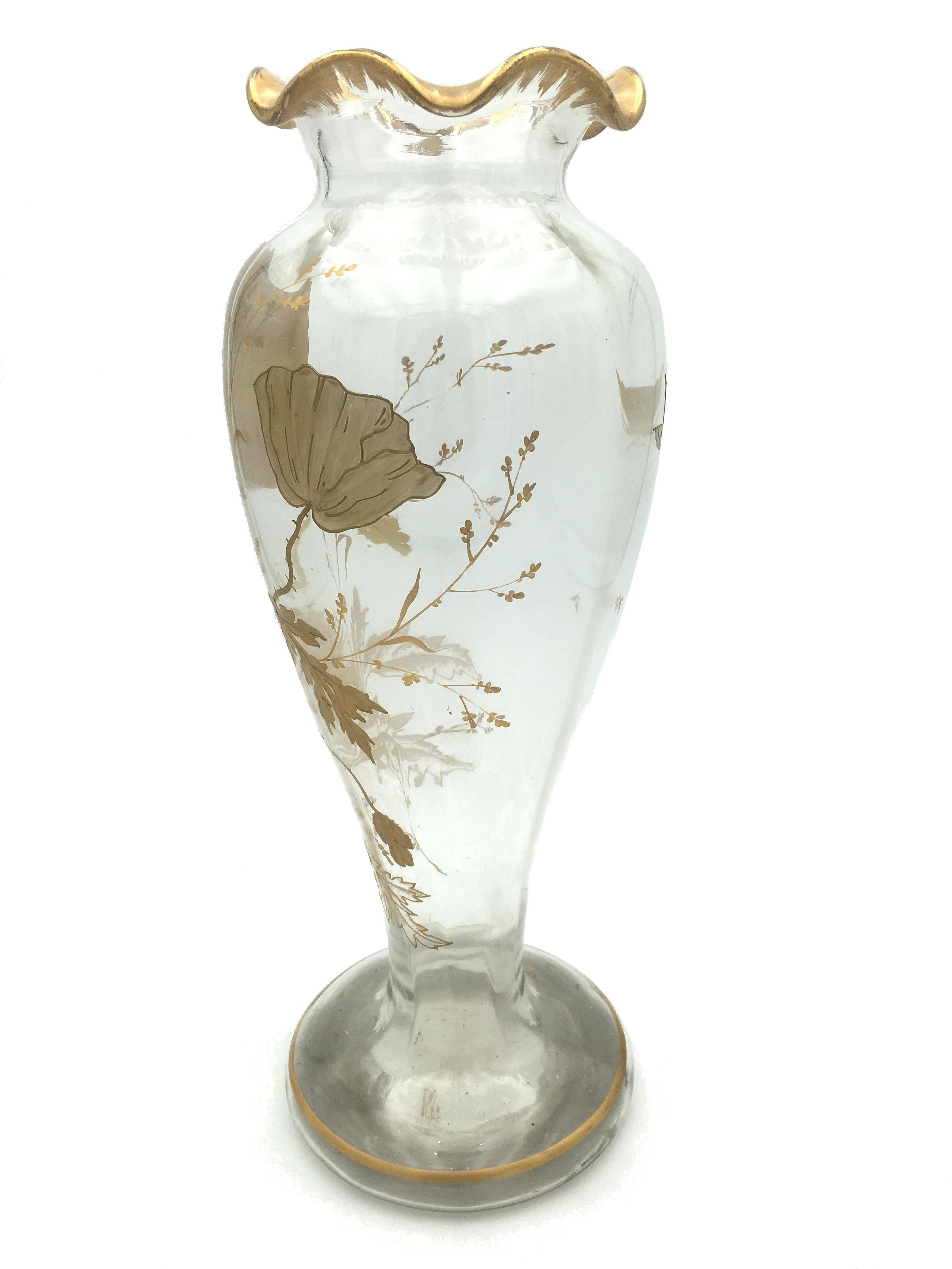 Gilt Art Nouveau Vase with Painted Guilt Decoration of Poppies and Butterfly