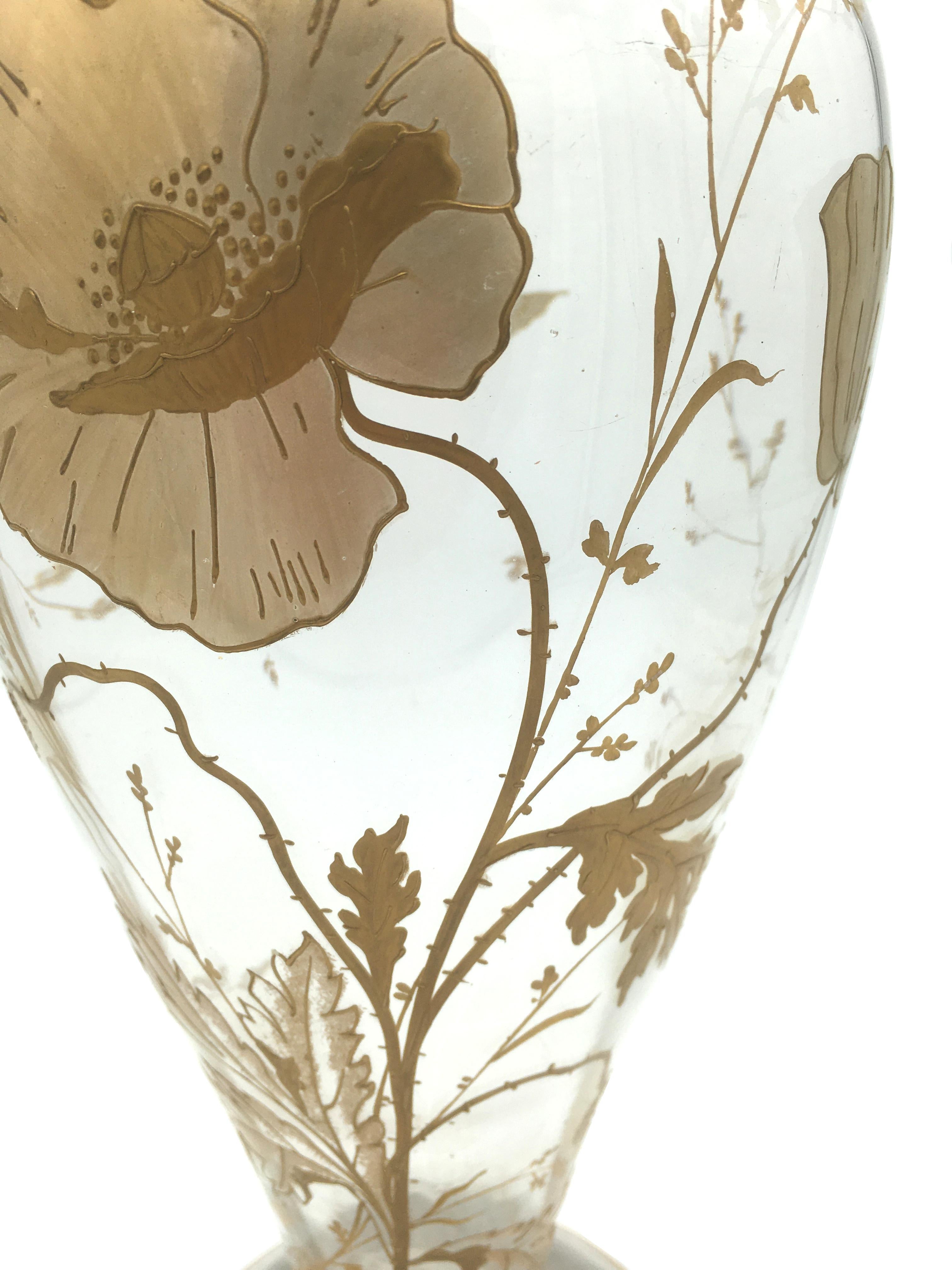 Art Nouveau Vase with Painted Guilt Decoration of Poppies and Butterfly In Good Condition In Beuzevillette, FR