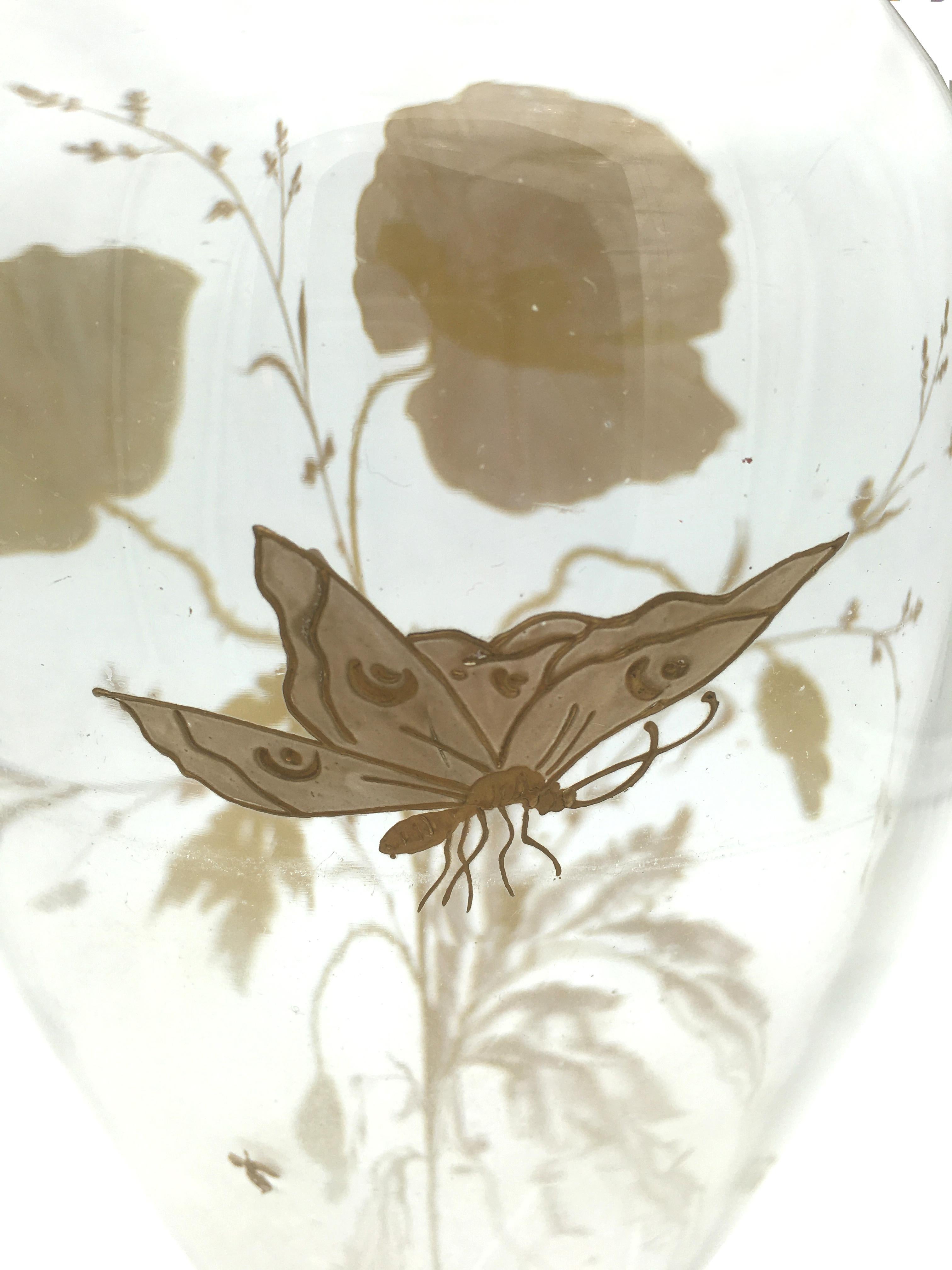 Late 19th Century Art Nouveau Vase with Painted Guilt Decoration of Poppies and Butterfly