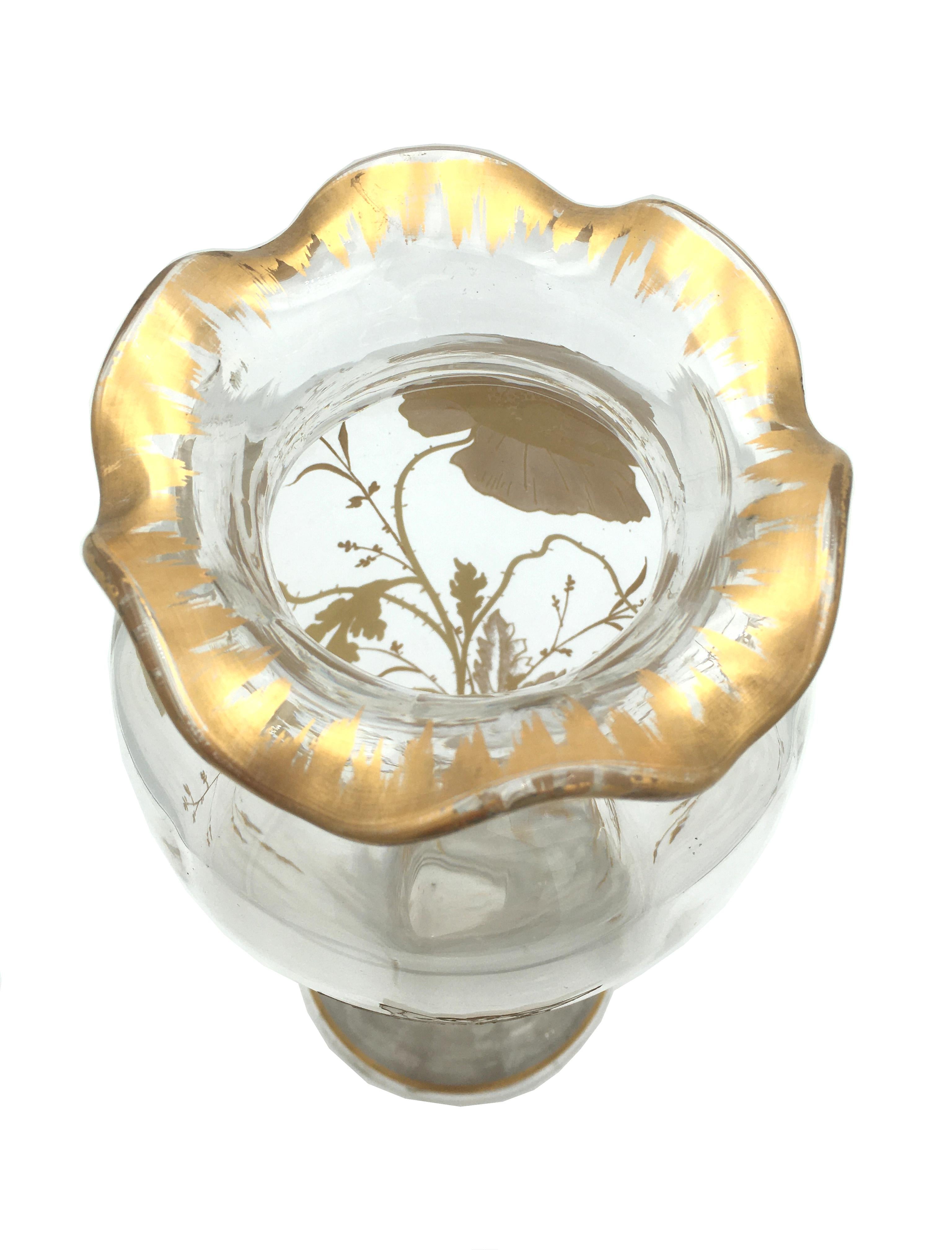 Glass Art Nouveau Vase with Painted Guilt Decoration of Poppies and Butterfly