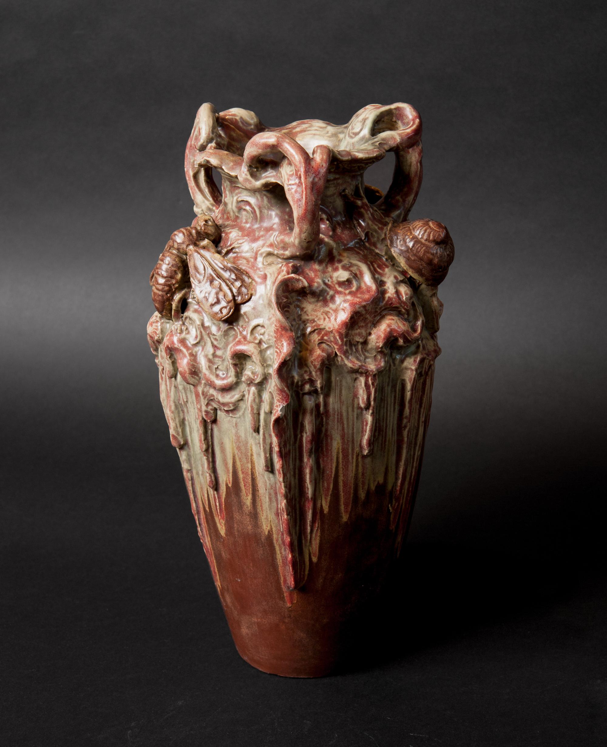 Glazed Art Nouveau Vase with Snails and Moths, School of George Hoentschel For Sale