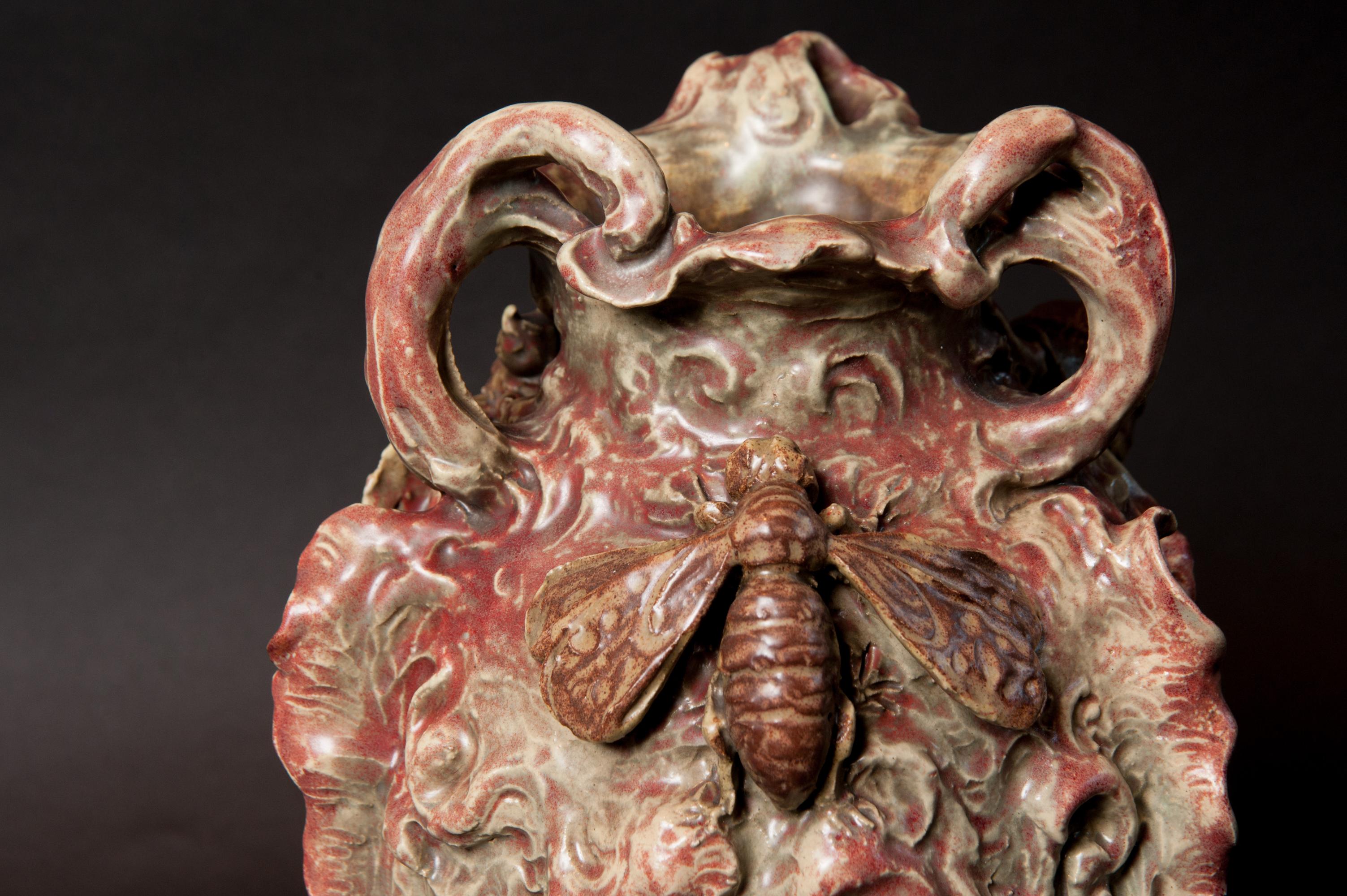 Stoneware Art Nouveau Vase with Snails and Moths, School of George Hoentschel For Sale