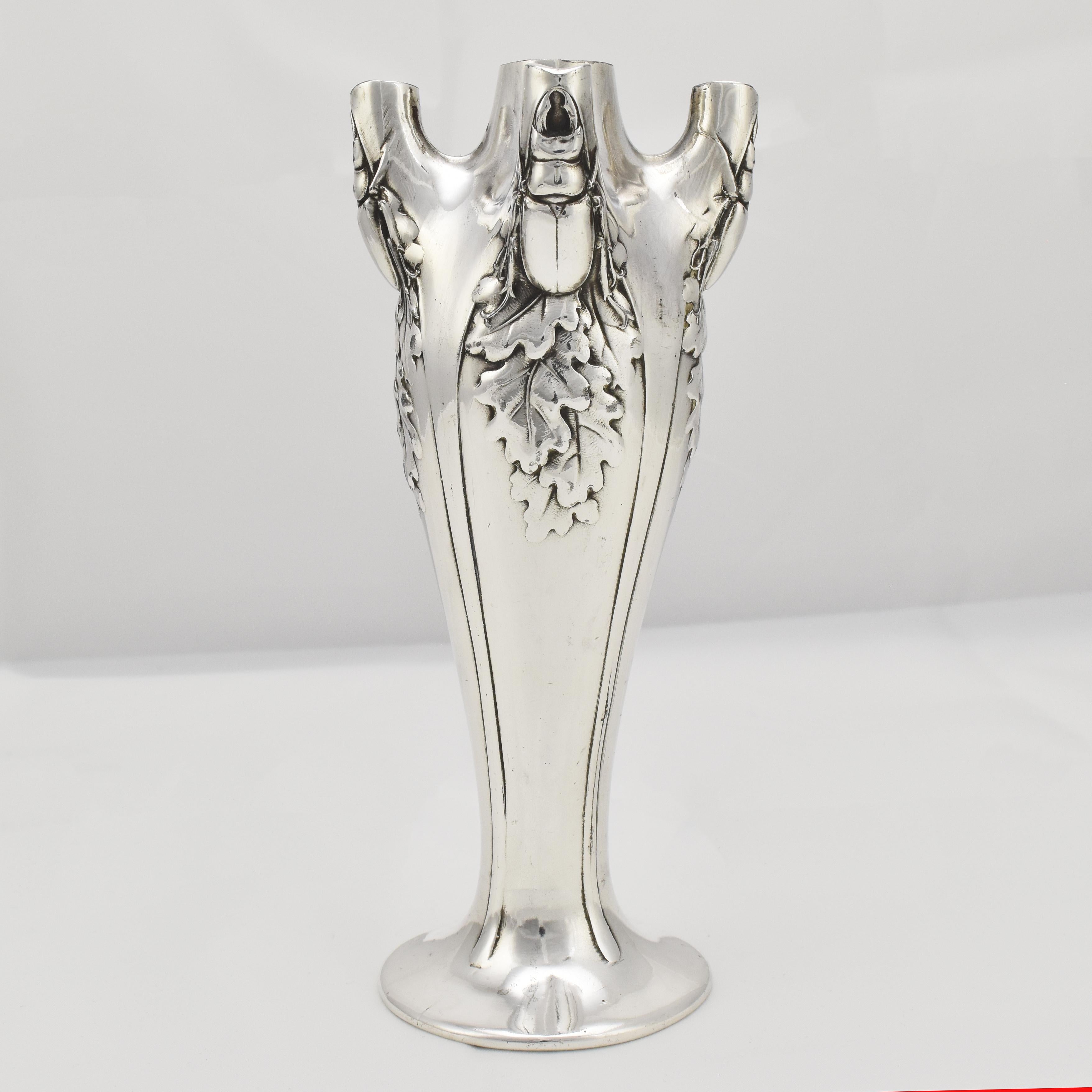 Silvered Art Nouveau Vase with Stag Beetles by Christofle Gallia Paris For Sale