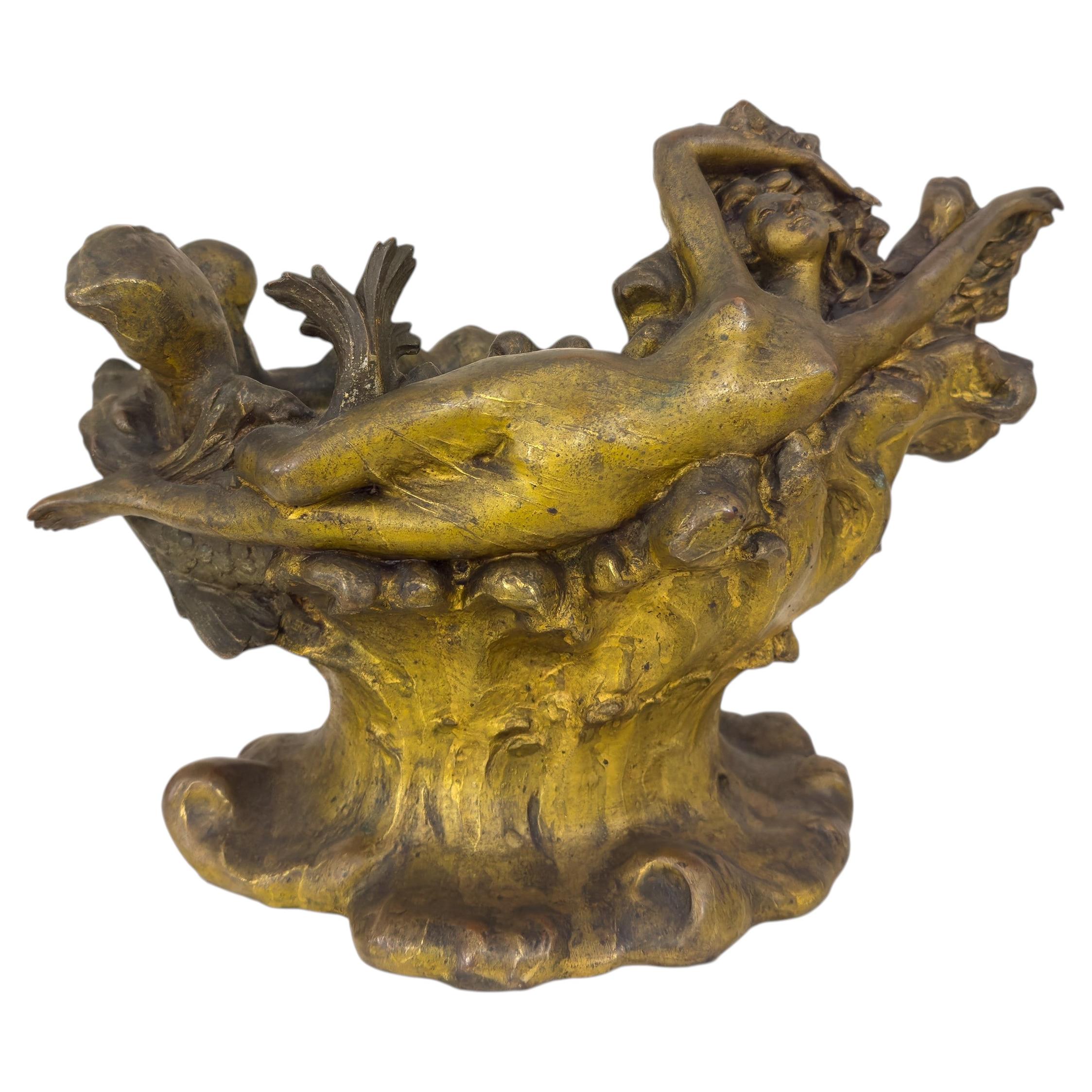 Art Nouveau Vase With Woman Sculpture, 20th Century