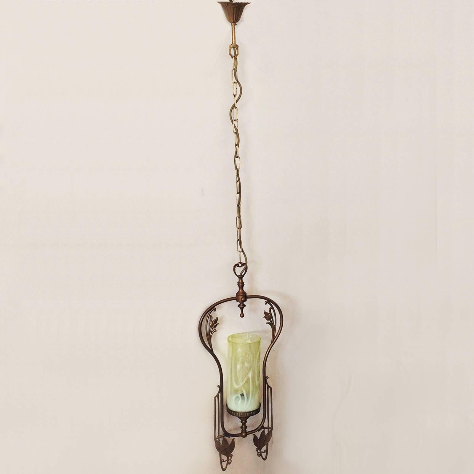 Art Nouveau Vaseline glass floral ceiling hanging light lamp.