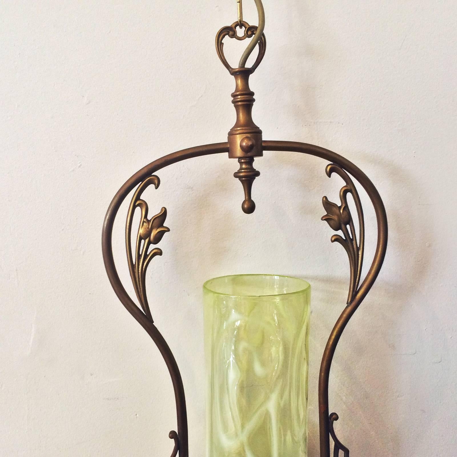 Art Nouveau Vaseline Glass Floral Ceiling Hanging Light Lamp 1