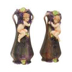 Art Nouveau Vases Putti Cherub Amphora Style Pottery