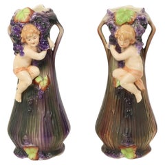 Art Nouveau Vases Putti Cherub Amphora Style Pottery