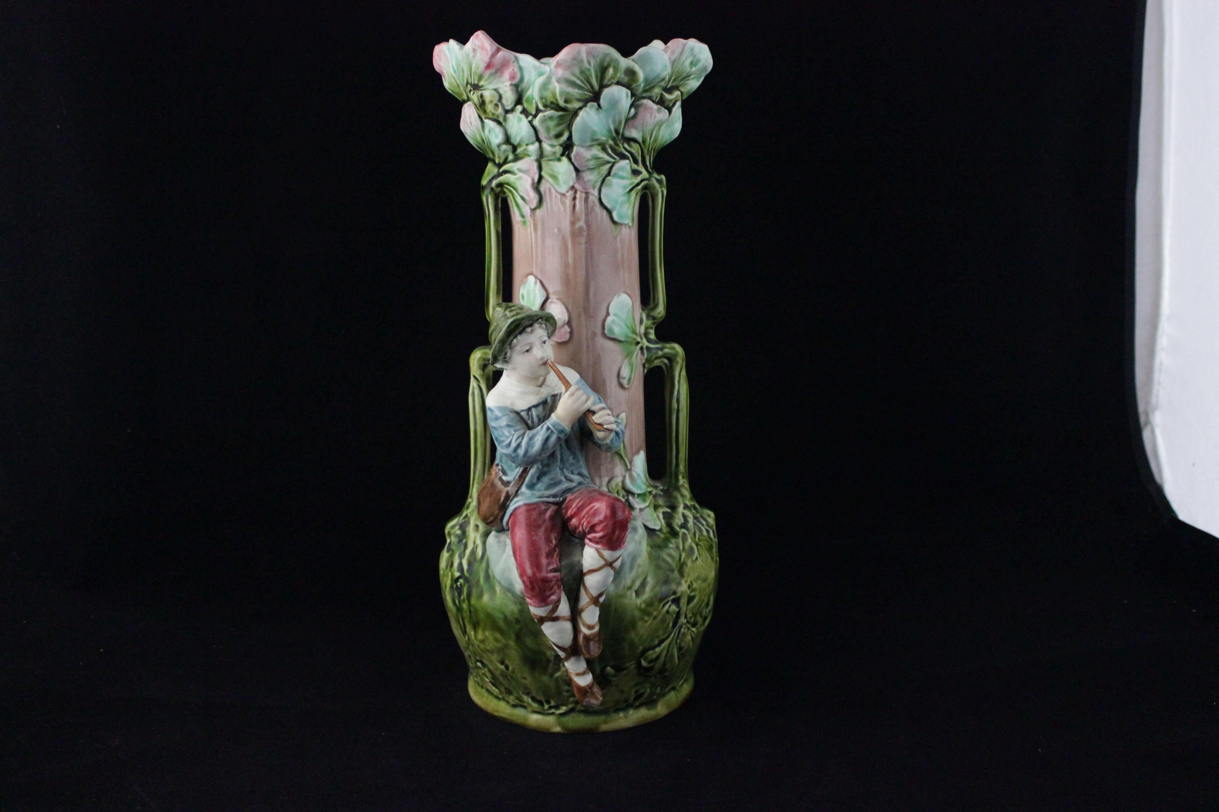 Pair Of Vases With Reliefs Of Children And Foliage In Art Nouveau Style, Early 20th Century.
