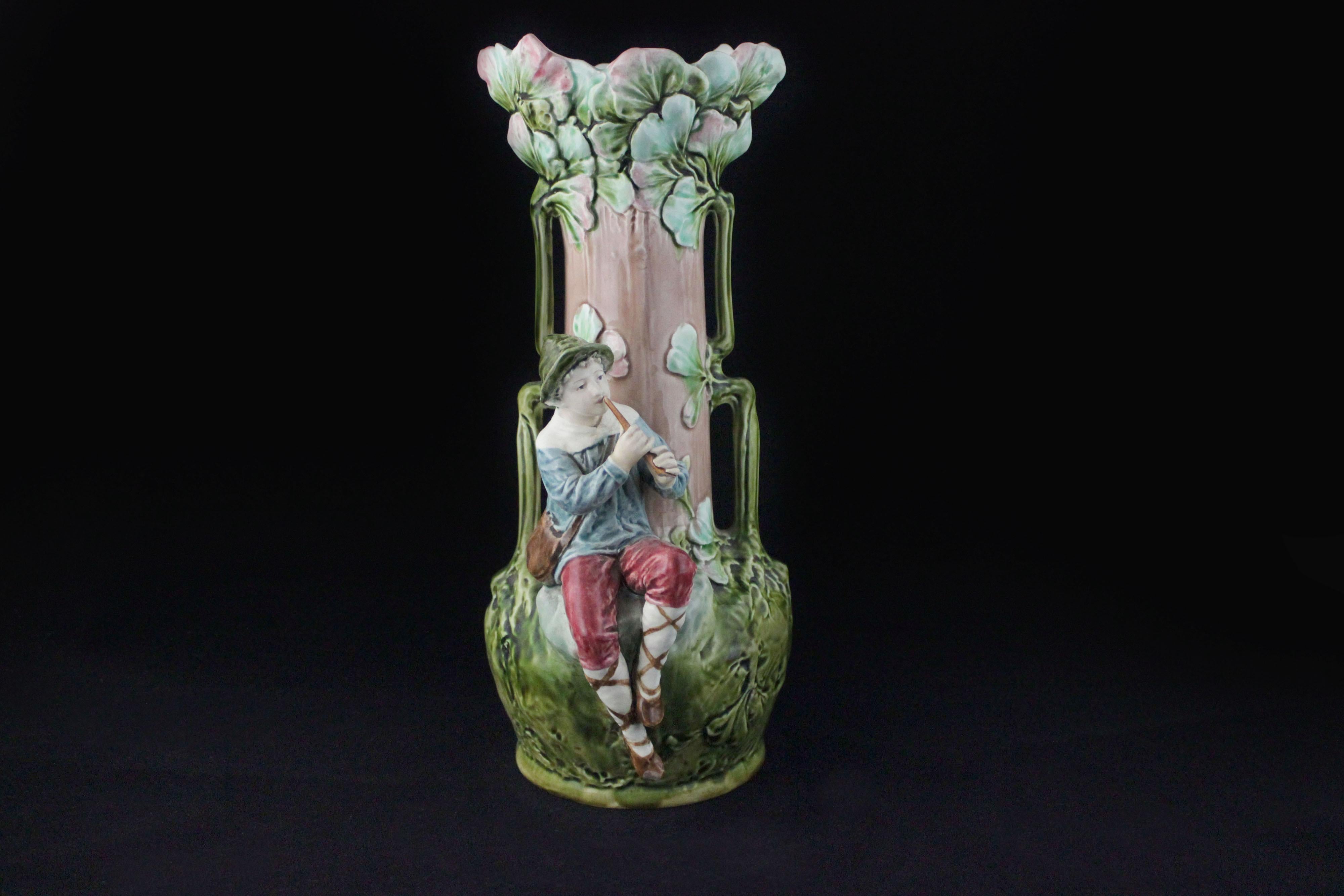 Ceramic Art Nouveau Vases with Children and Foliage, Cecoslovakia, 1900s, Set of 2 For Sale