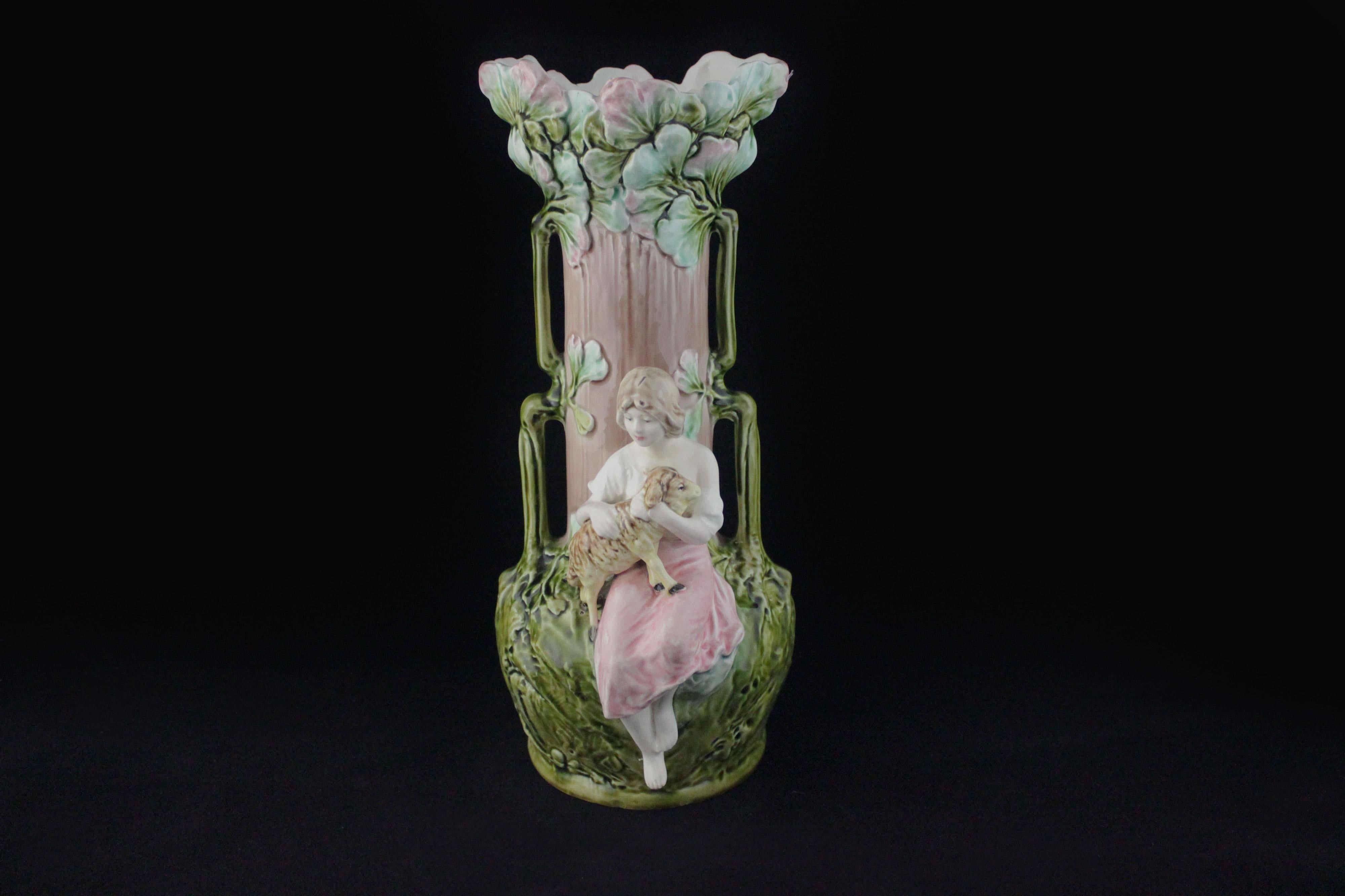Art Nouveau Vases with Children and Foliage, Cecoslovakia, 1900s, Set of 2 For Sale 1