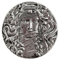 Art Nouveau Veiled Female Portrait Brooch by Rine Pewter