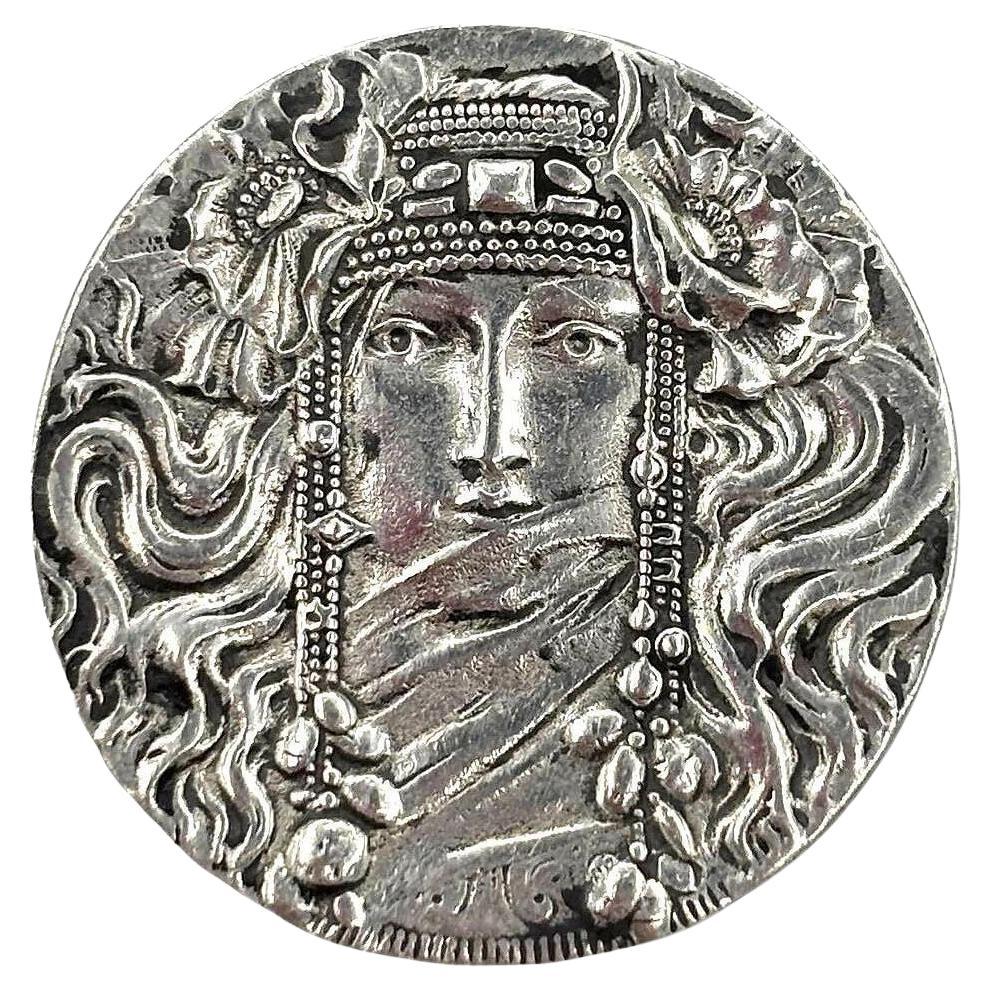 Art Nouveau Veiled Female Portrait Brooch by Rine Pewter