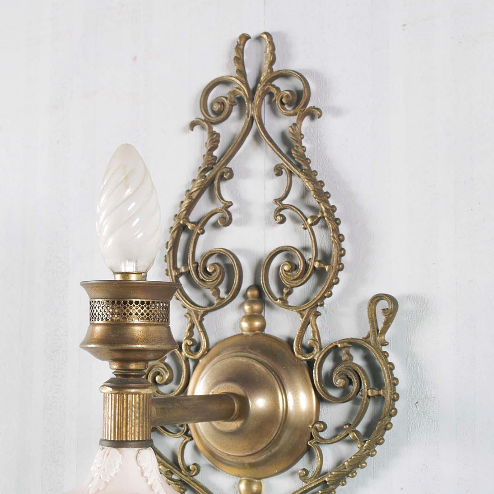 Italian Art Nouveau Venetian Wall Lights, Pink Porcelain from Bassano, Brass and Bronze For Sale