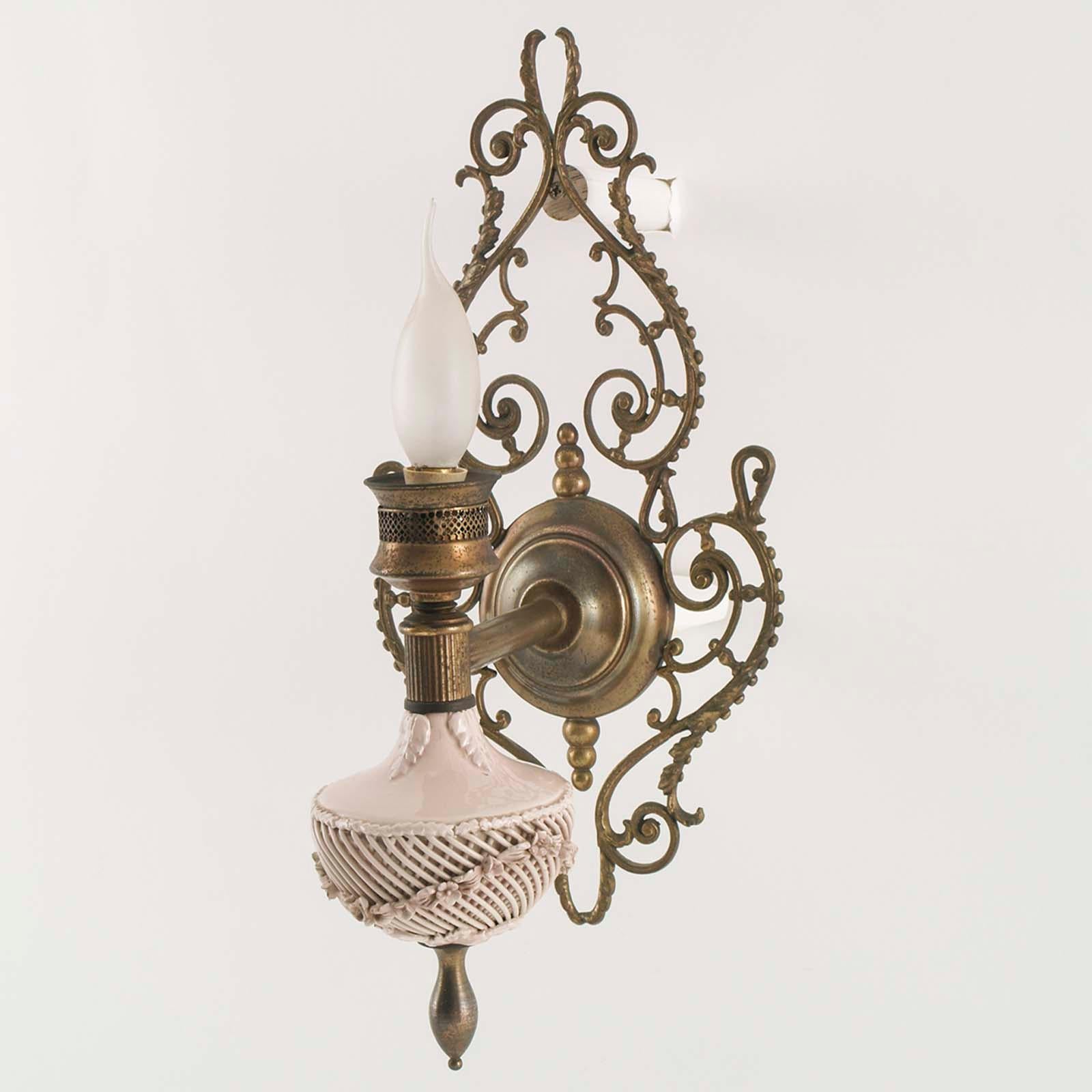 Early 20th Century Art Nouveau Venetian Wall Lights, Pink Porcelain from Bassano, Brass and Bronze For Sale