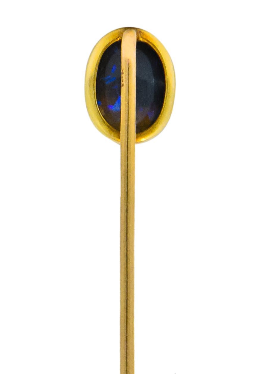 Oval Cut Art Nouveau Vibrant Black Opal 14 Karat Gold Stickpin