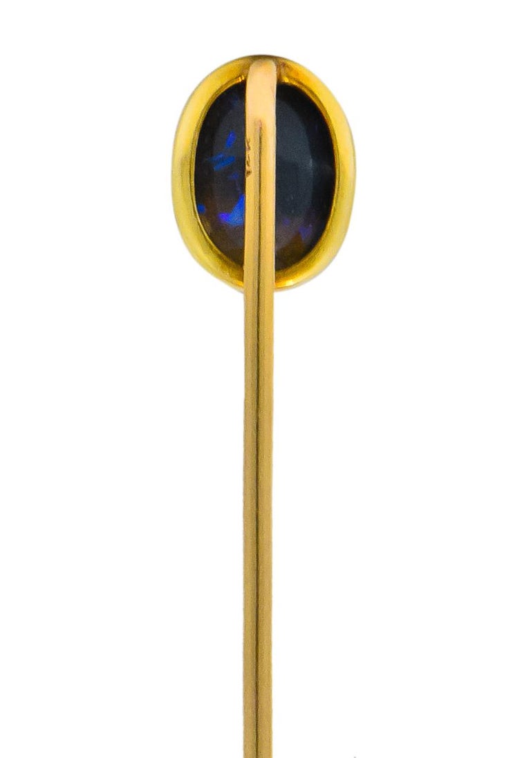 Oval Cut Art Nouveau Vibrant Black Opal 14 Karat Gold Stickpin For Sale