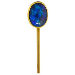 Art Nouveau Vibrant Black Opal 14 Karat Gold Stickpin
