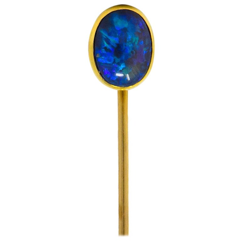 Art Nouveau Vibrant Black Opal 14 Karat Gold Stickpin For Sale