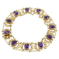 Art Nouveau Victorian Amethyst & Seed Pearl Yellow Gold Choker Necklace