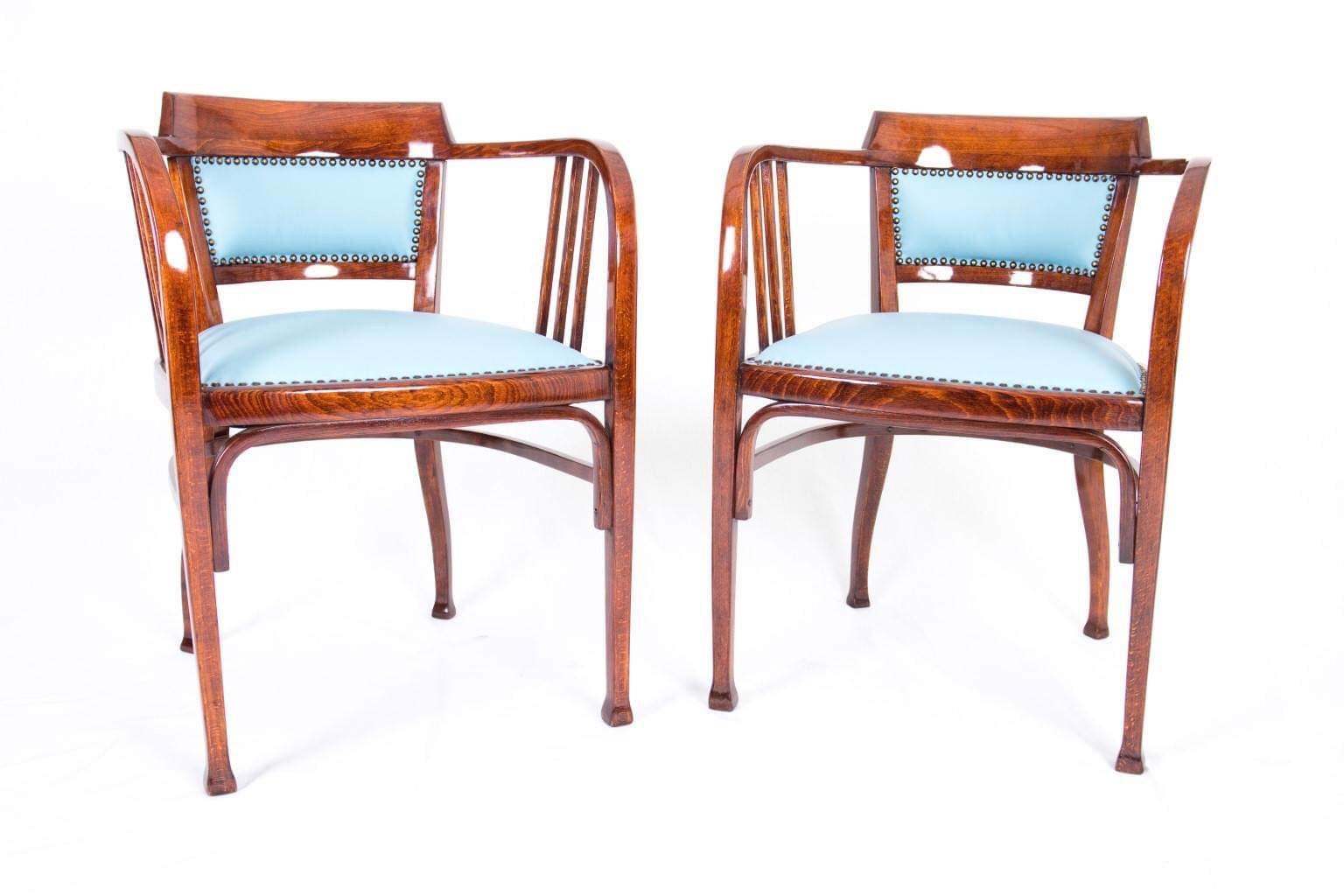 Two beautiful armchairs complete restored white shellac politur and new Italian blue leather upholstered, decorative nails.
