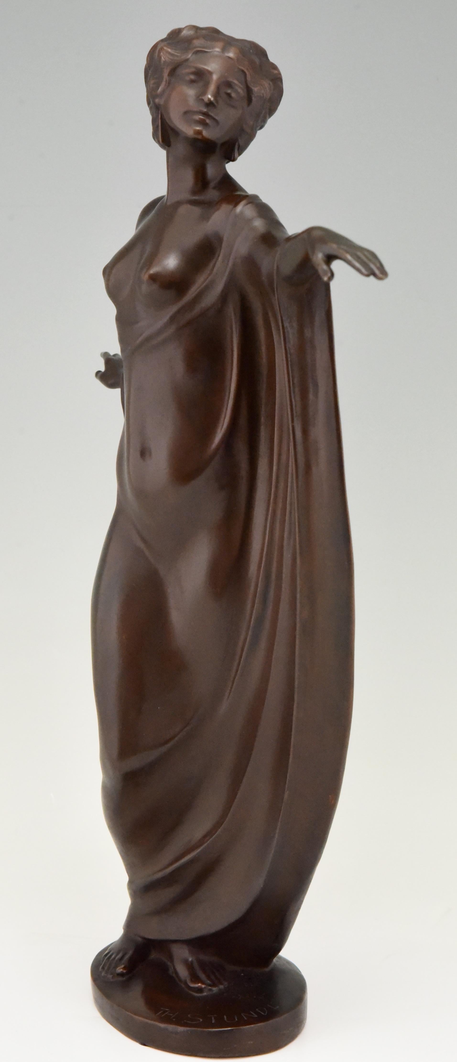 Austrian Art Nouveau Vienna Bronze Sculpture Draped Nude Dancer Theodor Stundl, 1910 For Sale