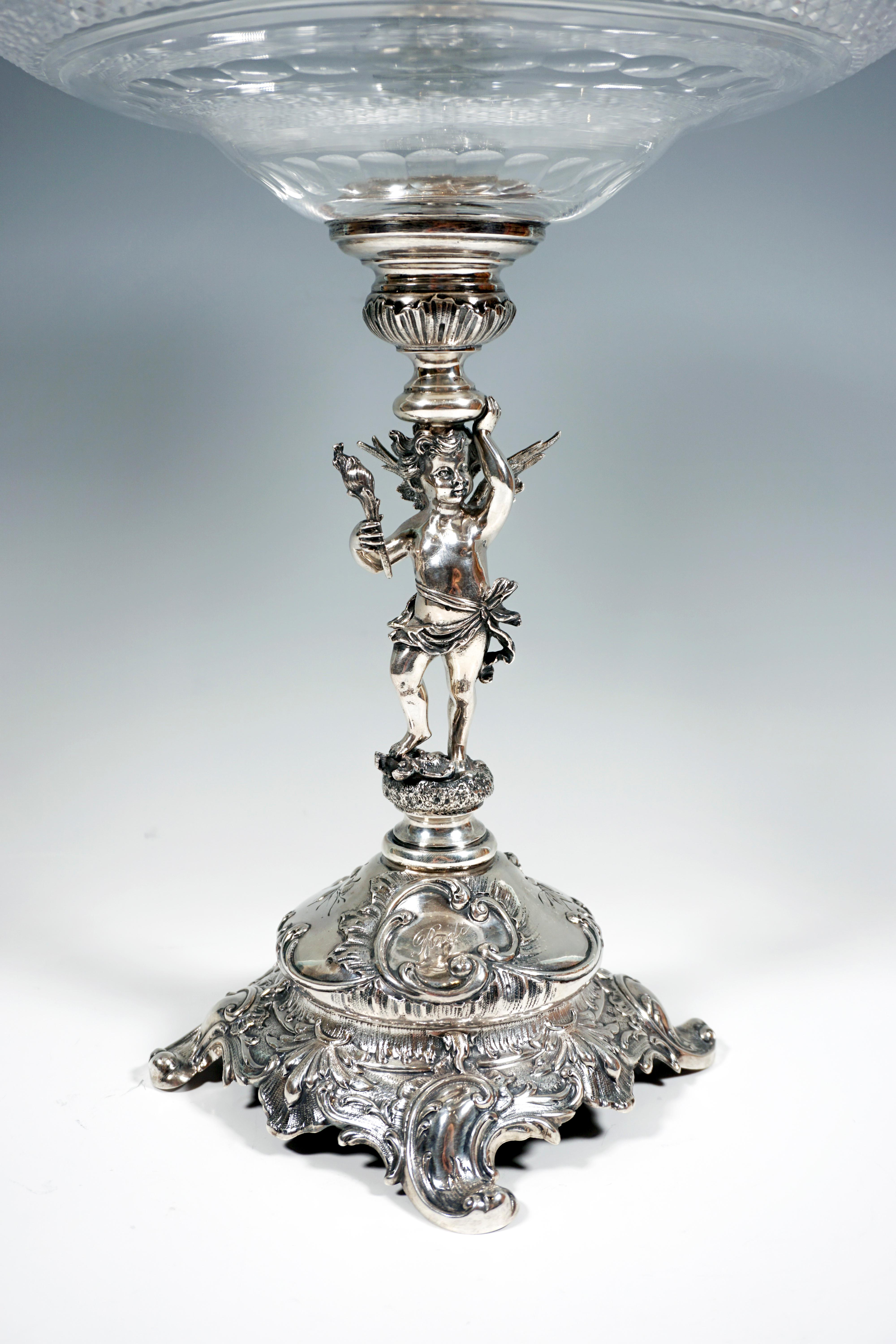 Hand-Crafted Art Nouveau Vienna Silver Centerpiece with Cupid as a Bowl Carrier, Around 1900