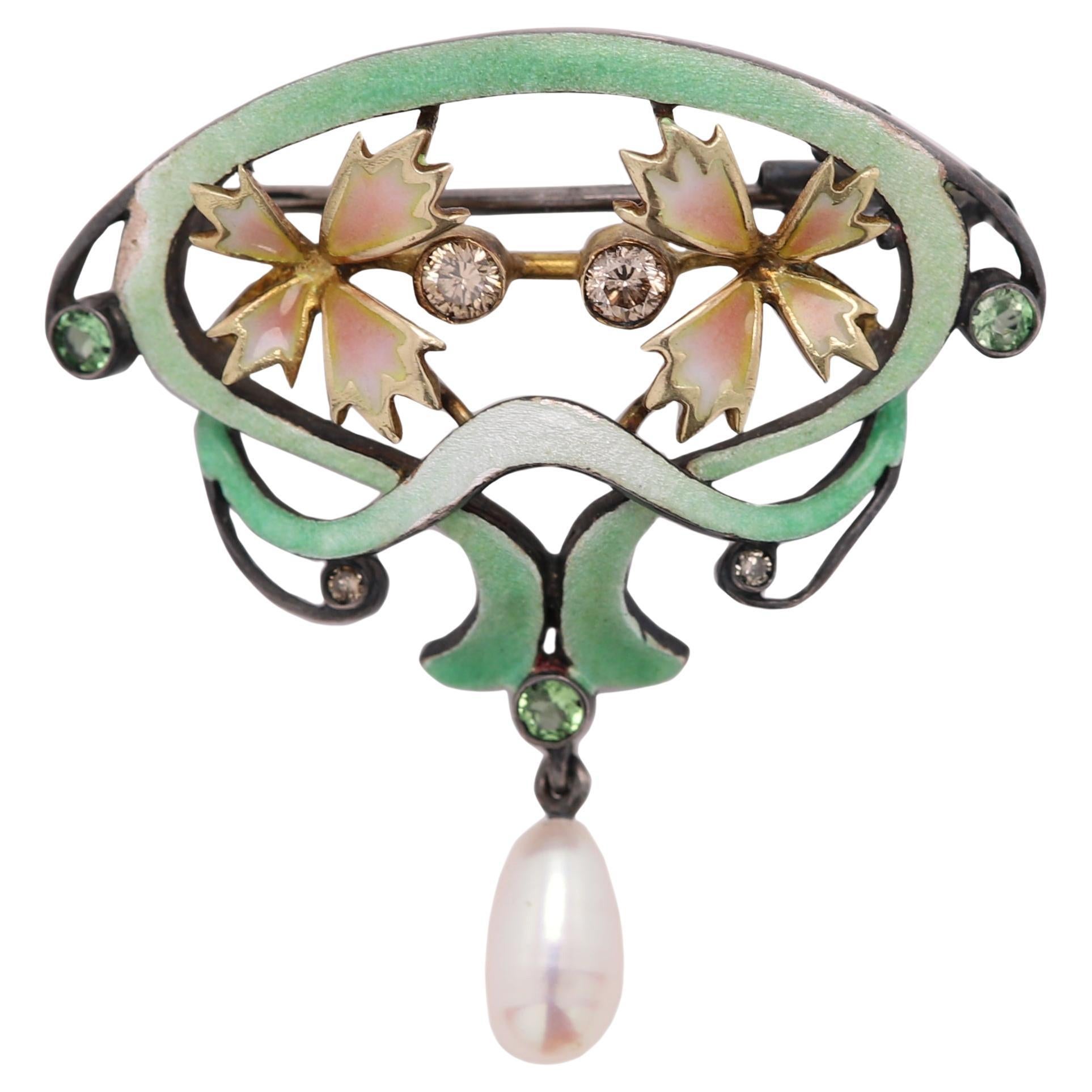 Collana con spilla smaltata Nouveau 1910 Argento e oro 18 carati/Spilla