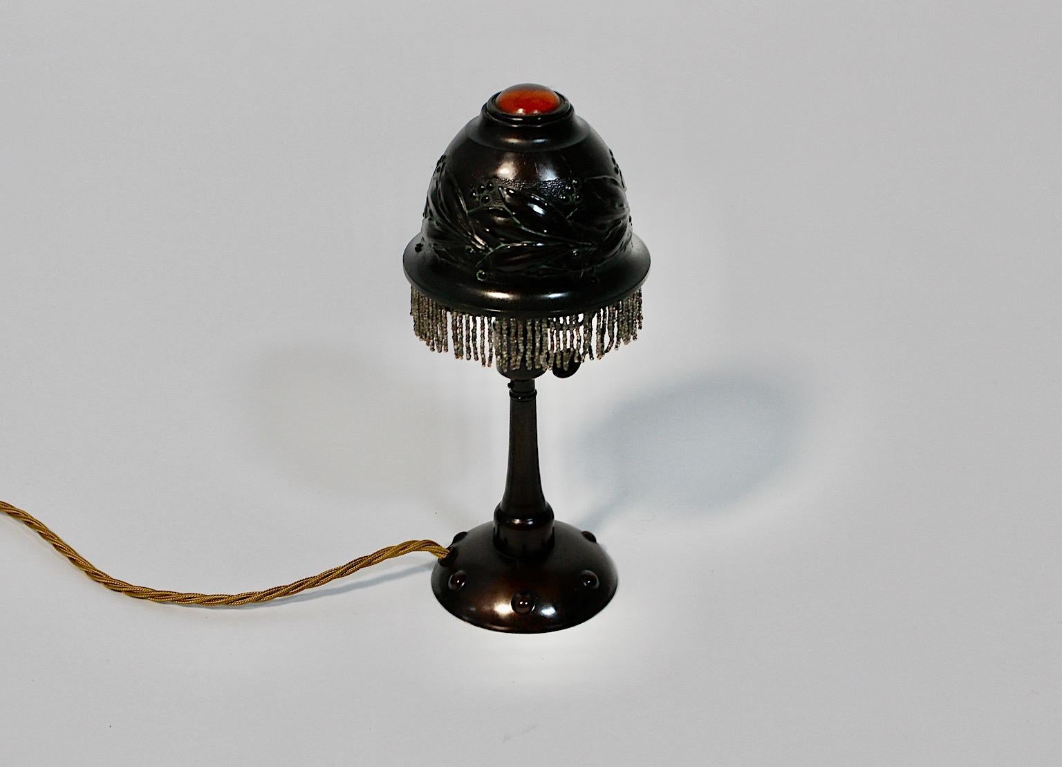 Art Nouveau Vintage Burnished Metal Amber Table Lamp Bedside Lamp c 1910 France For Sale 6